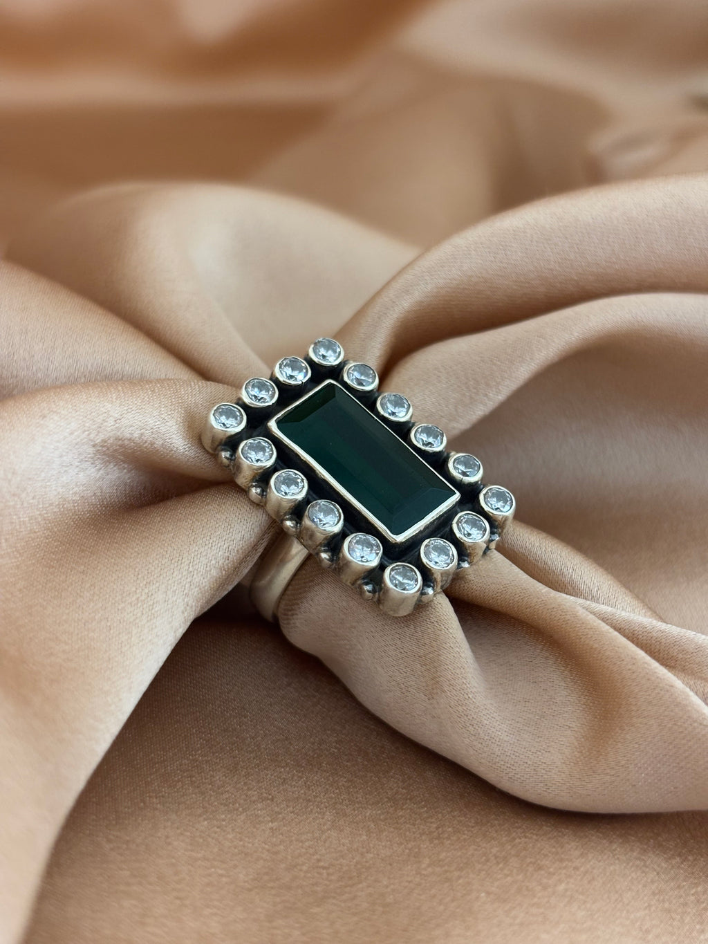 Rectangle Emerald Glass Halo Ring