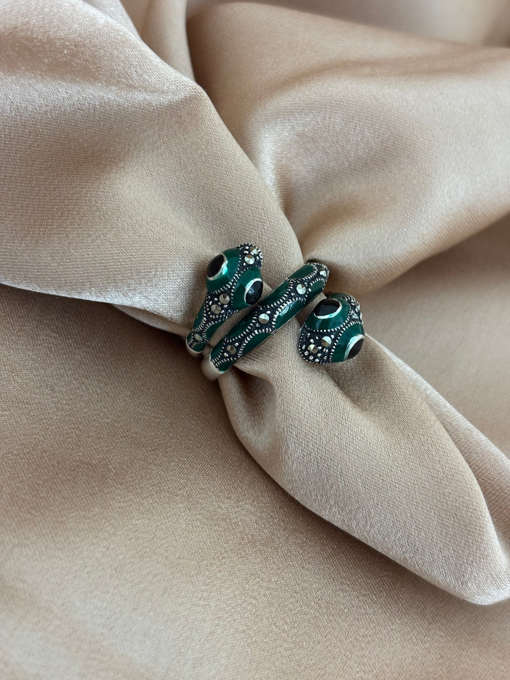 Deep Green Enamel & Marcasite Silver Serpent Ring