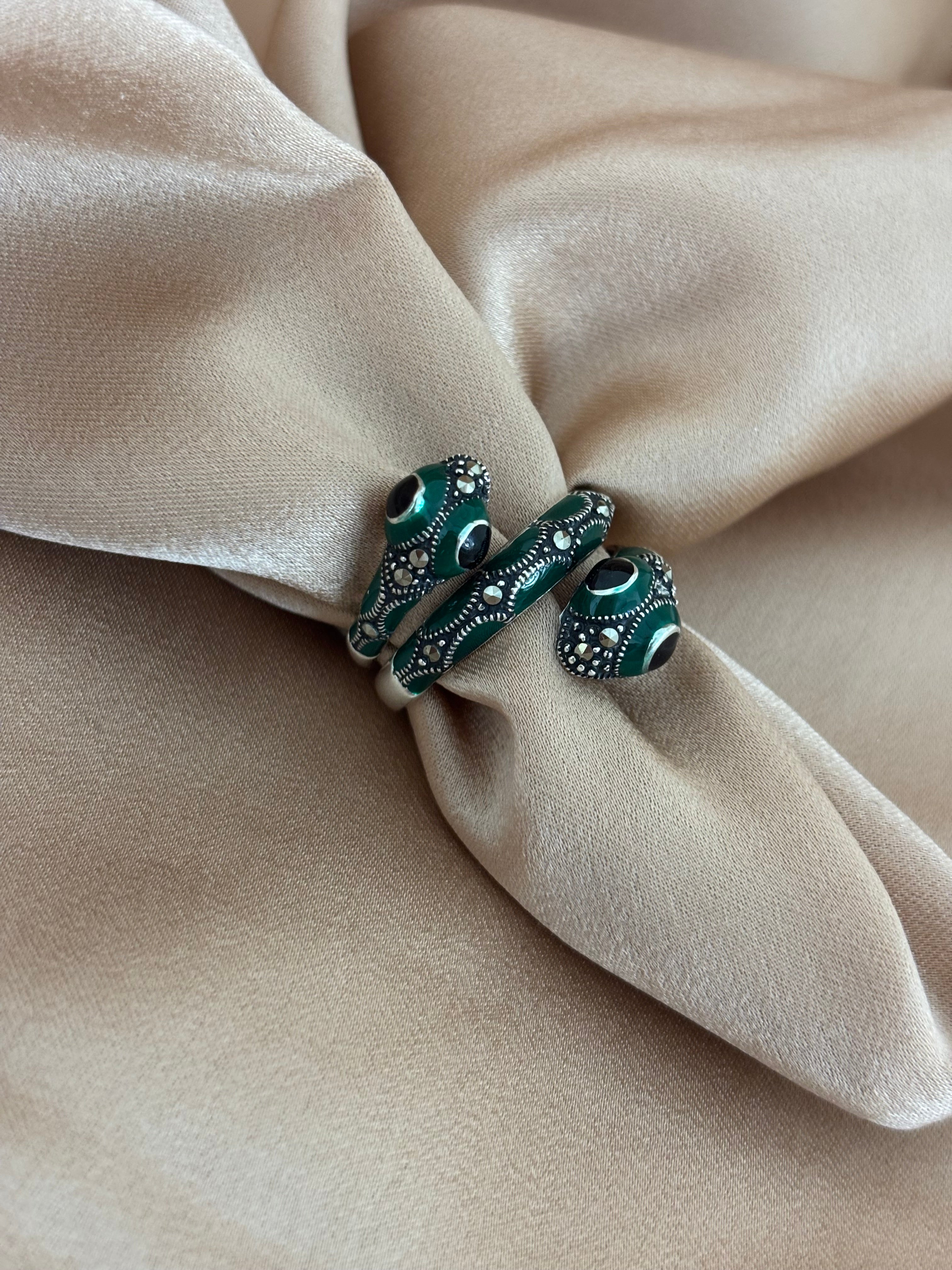 Deep Green Enamel & Marcasite Silver Serpent Ring