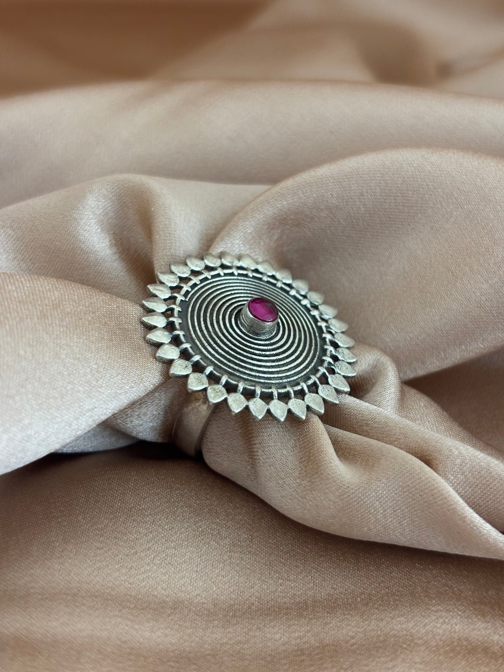 Mandala Sunburst Oxidized Silver Statement Ring
