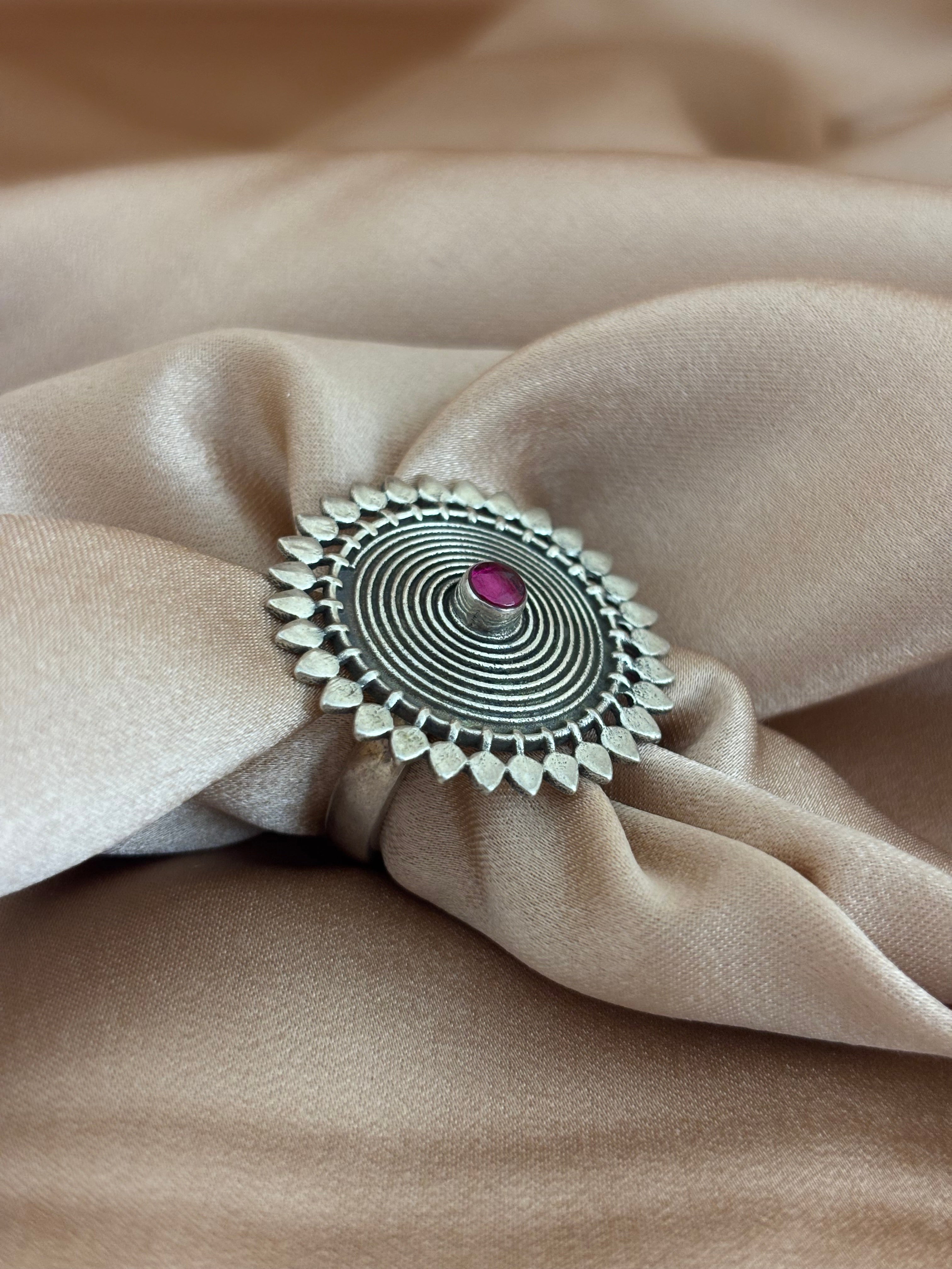 Mandala Sunburst Oxidized Silver Statement Ring