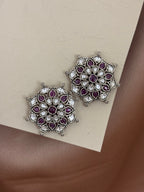 Floral Studs with Ruby & Crystal Stones