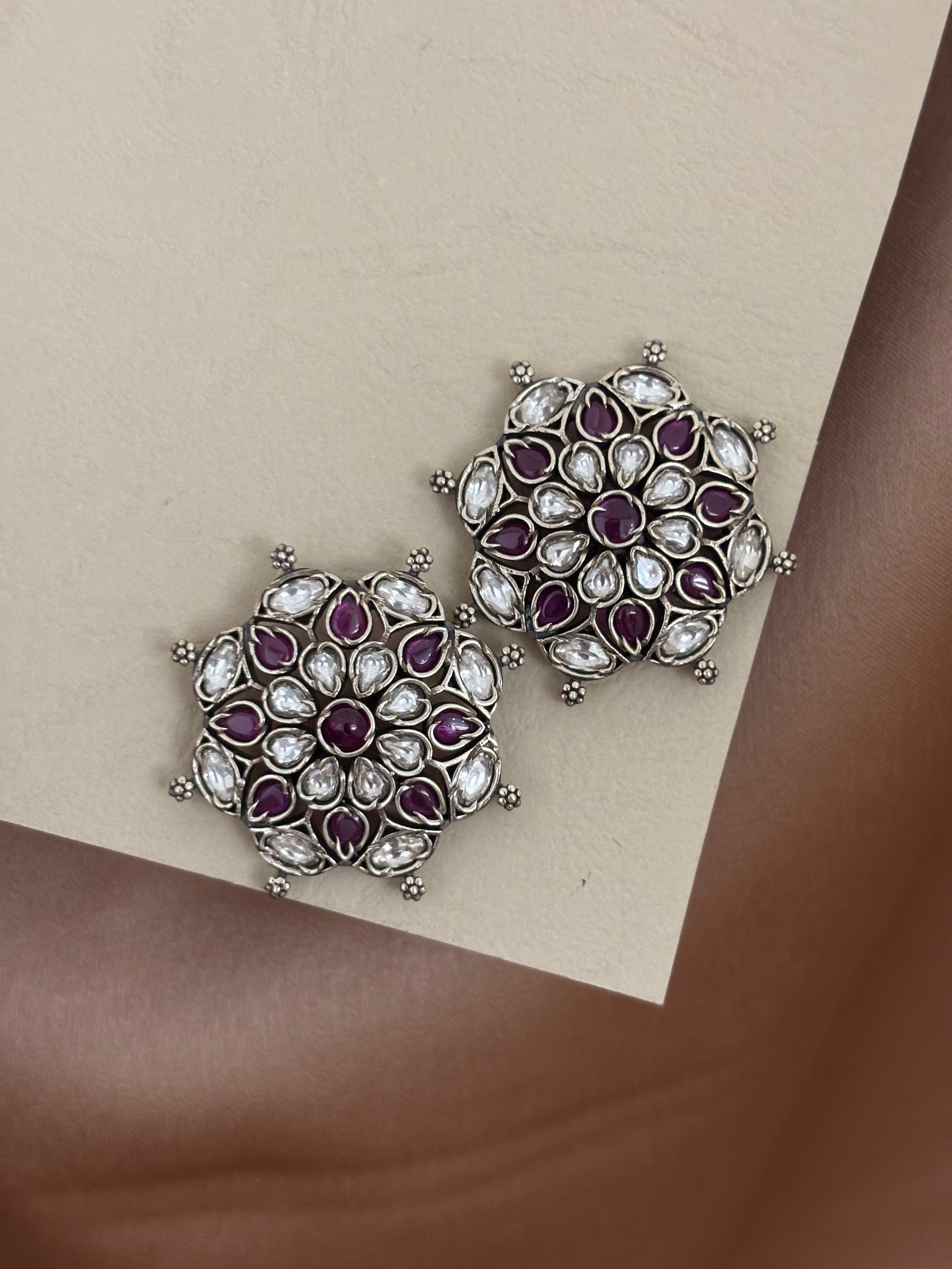 Floral Studs with Ruby & Crystal Stones