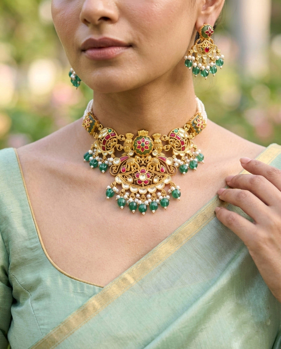 Royal Elephant Motif Pearl Strand Heritage Necklace