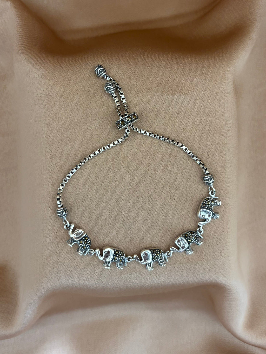 Marching Elephants Silver Slider Bracelet