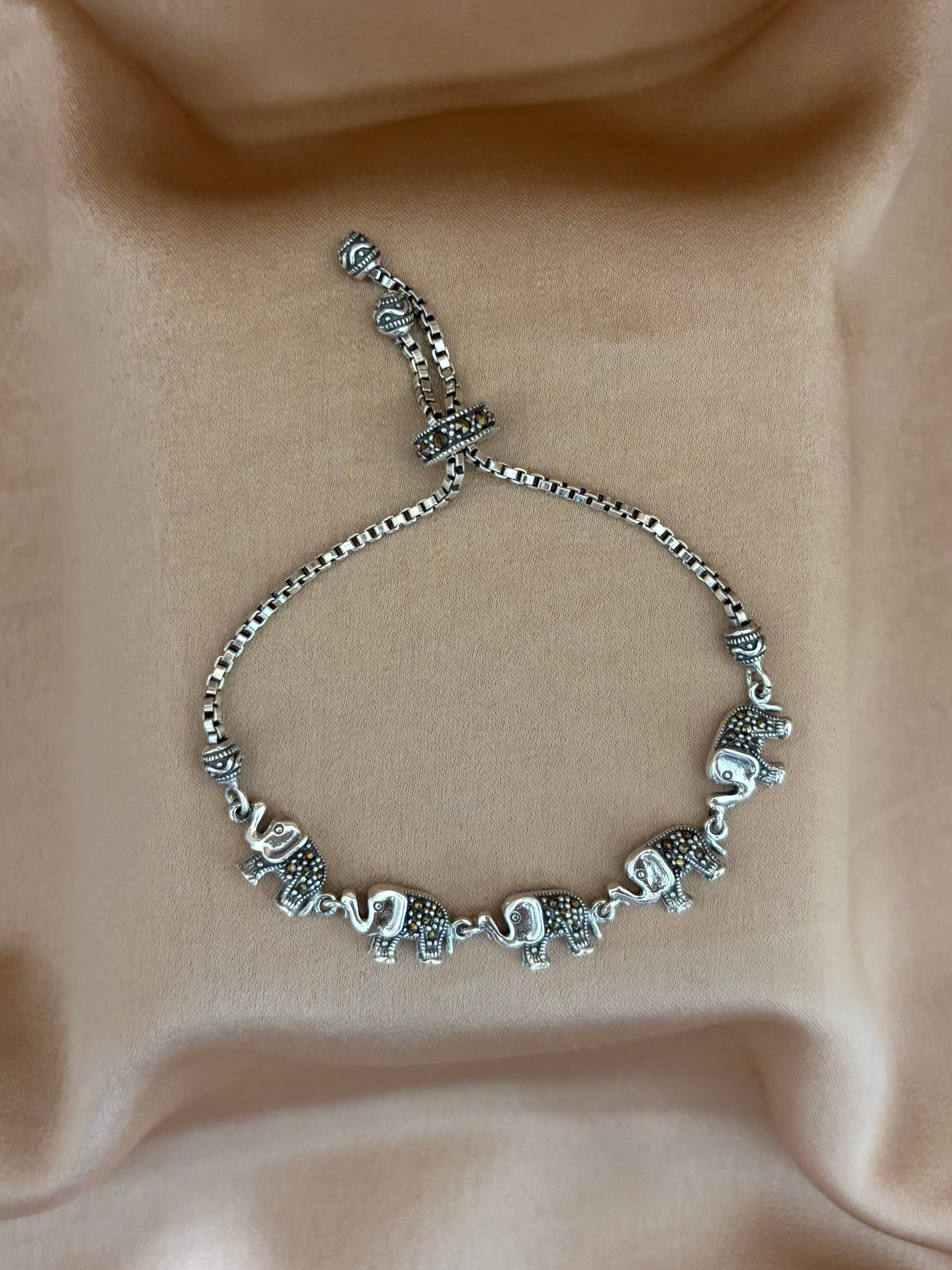 Marching Elephants Silver Slider Bracelet