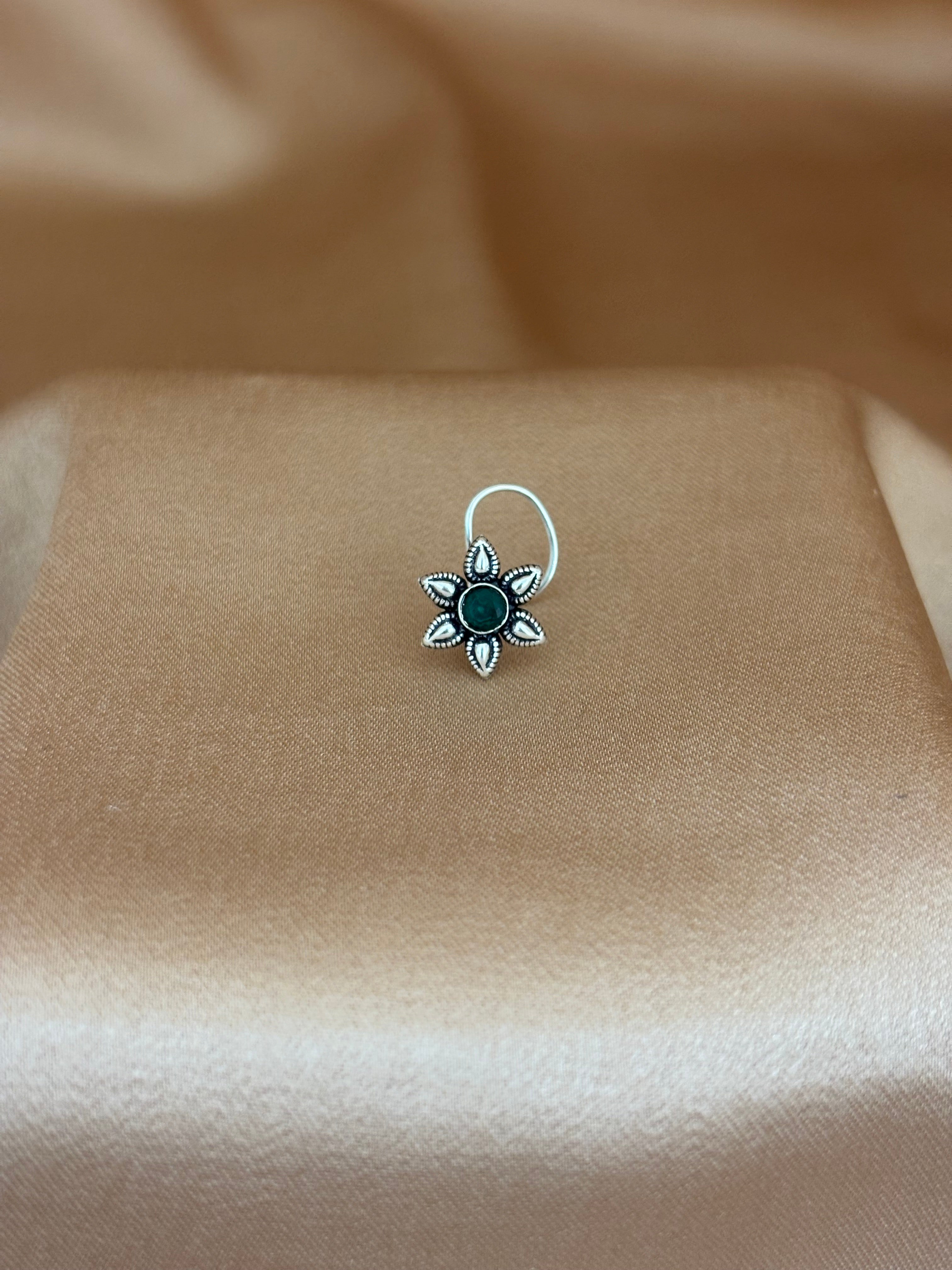 Oxidized Silver Emerald Green Floral Nose Pin