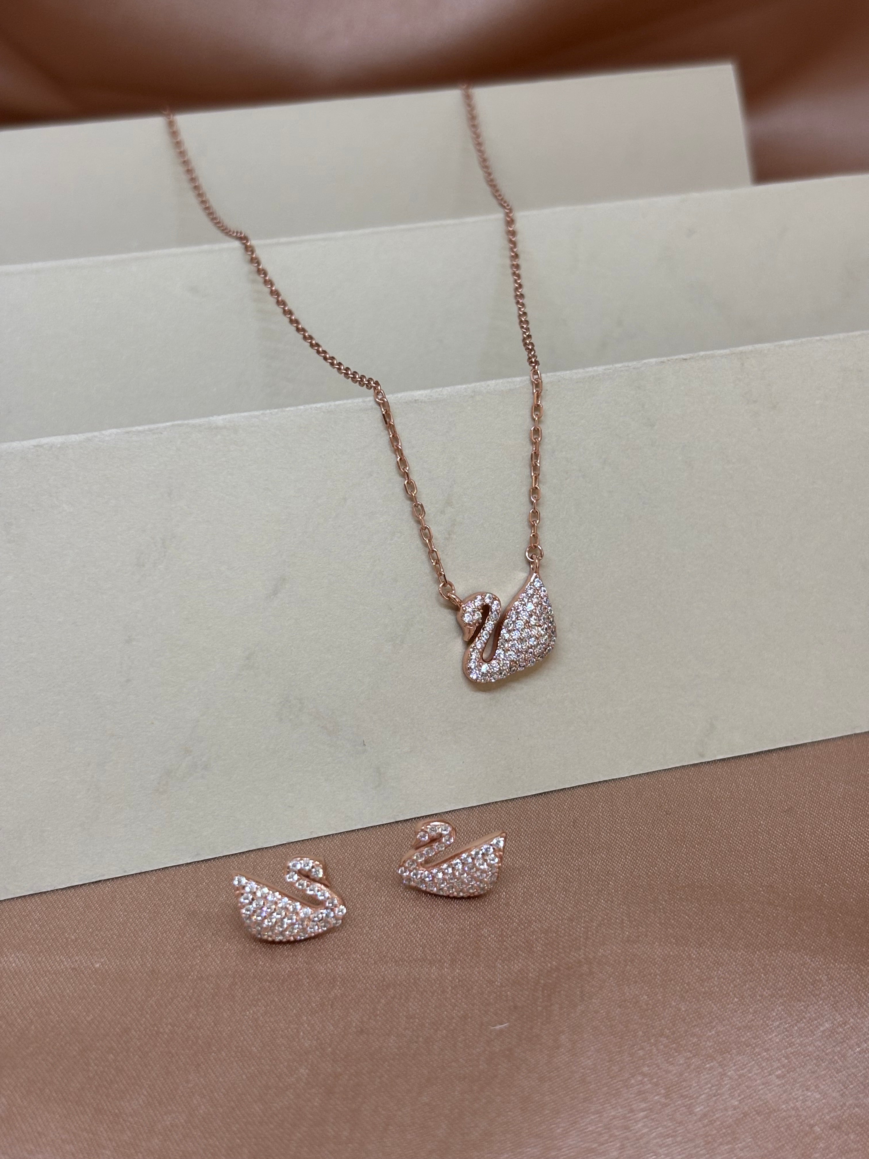 Rose Gold Encrusted Swan Pendant and Stud Earrings Set