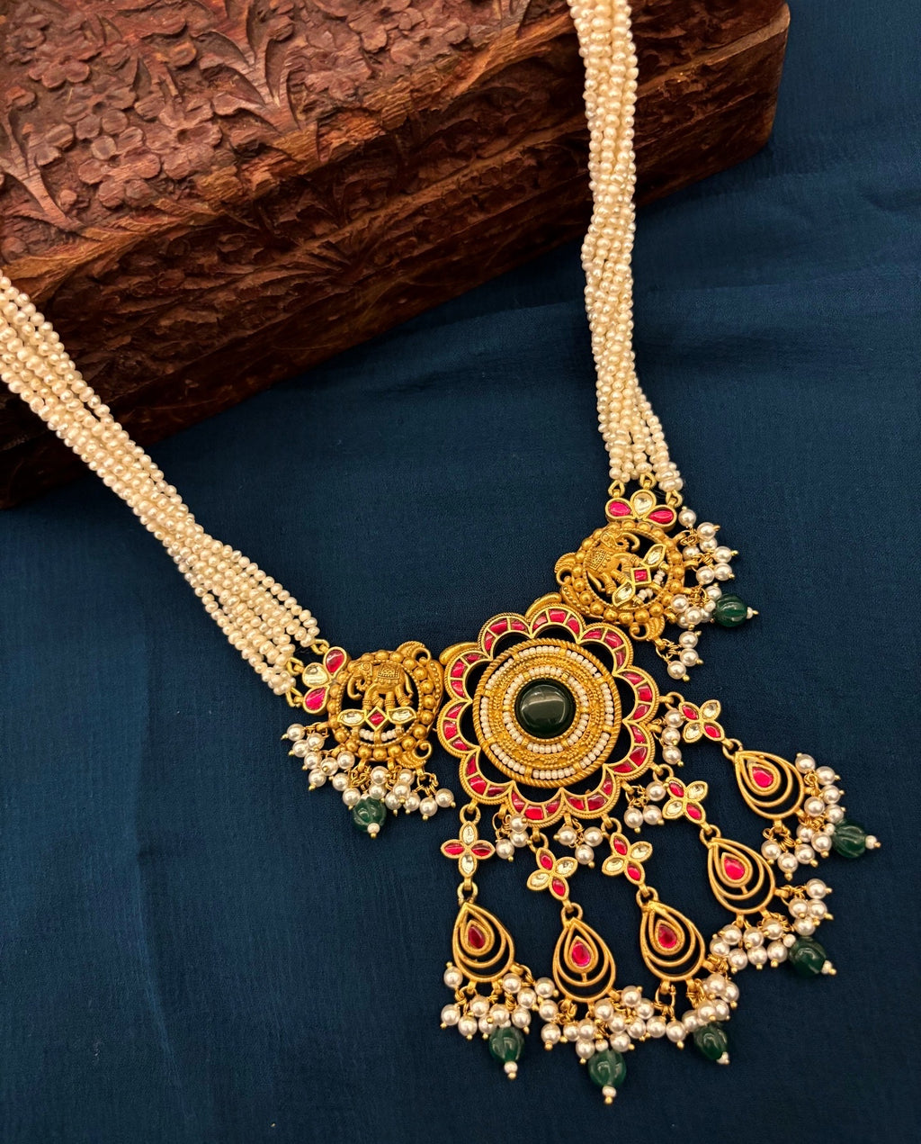 Long Pearl Strand Floral Emerald Heritage Necklace