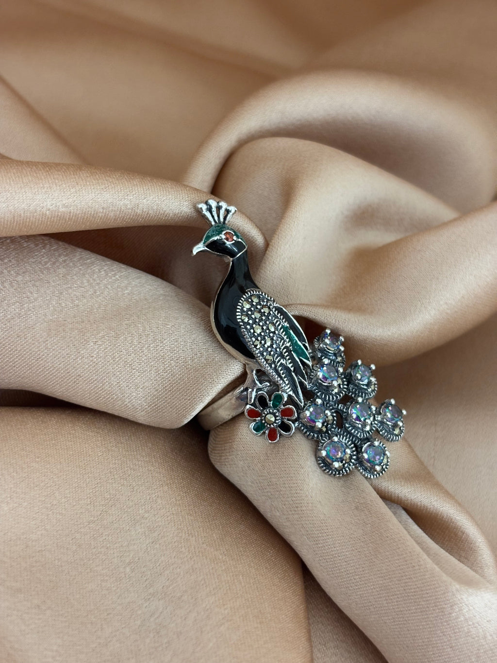 Iridescent Marcasite Peacock Cocktail Ring