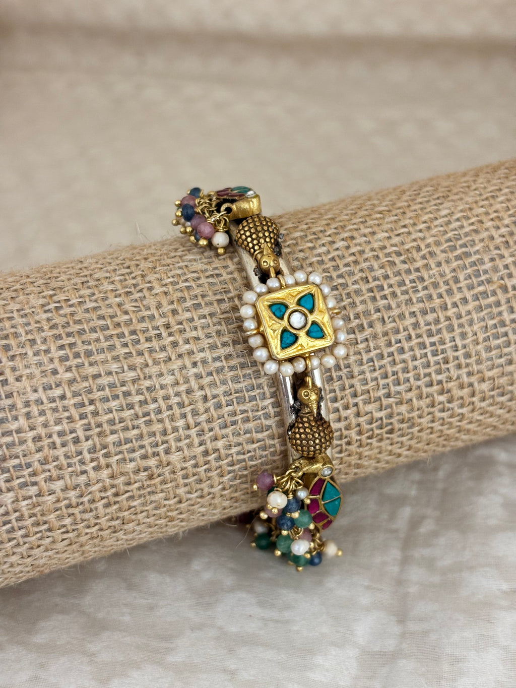 Turquoise Charm Tassel Silver Kada