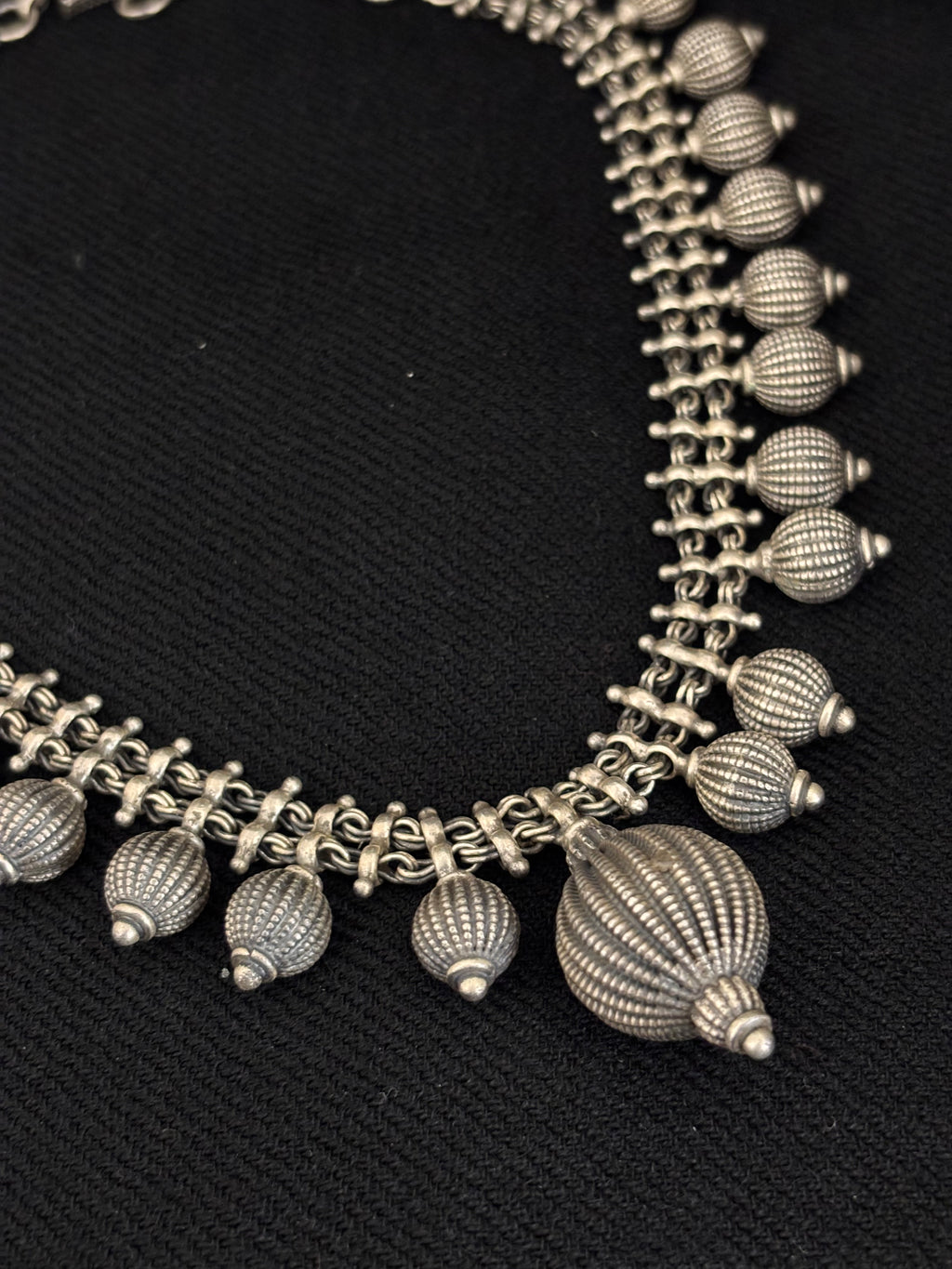 Antique Silver Ribbed Sphere Charm Necklace