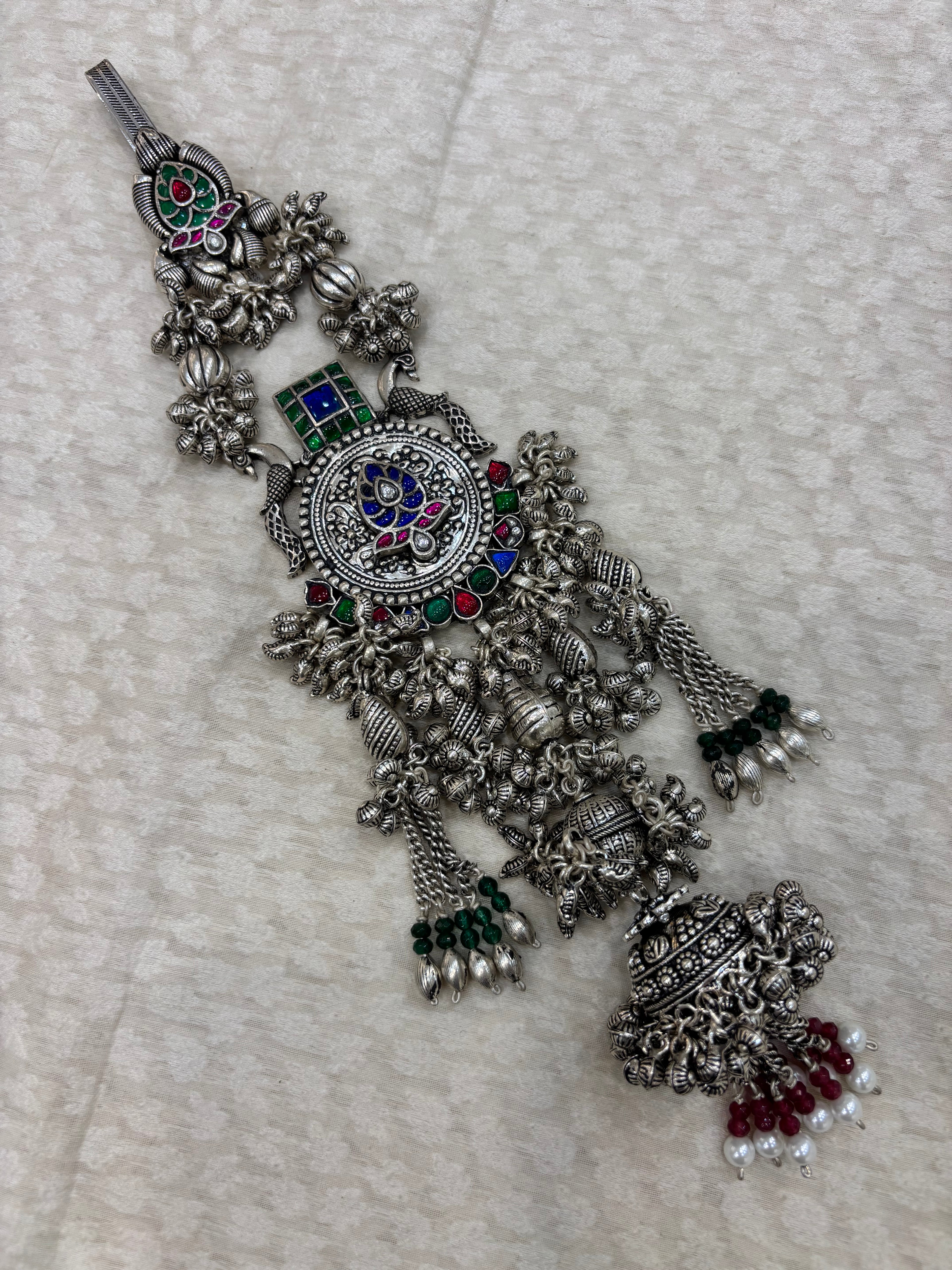 Oxidized Silver Floral & Peacock Motif Antique Juda with Colorful Accents