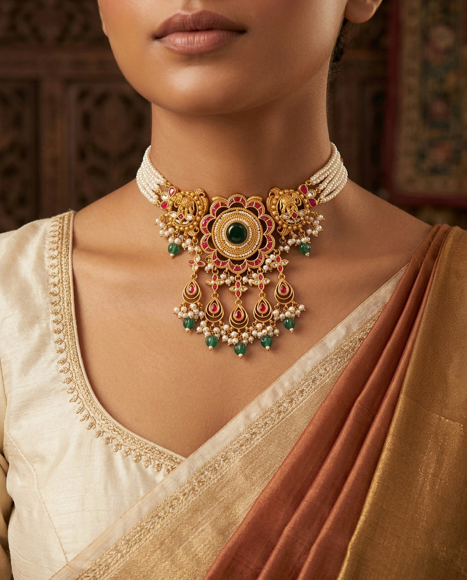 Long Pearl Strand Floral Emerald Heritage Necklace