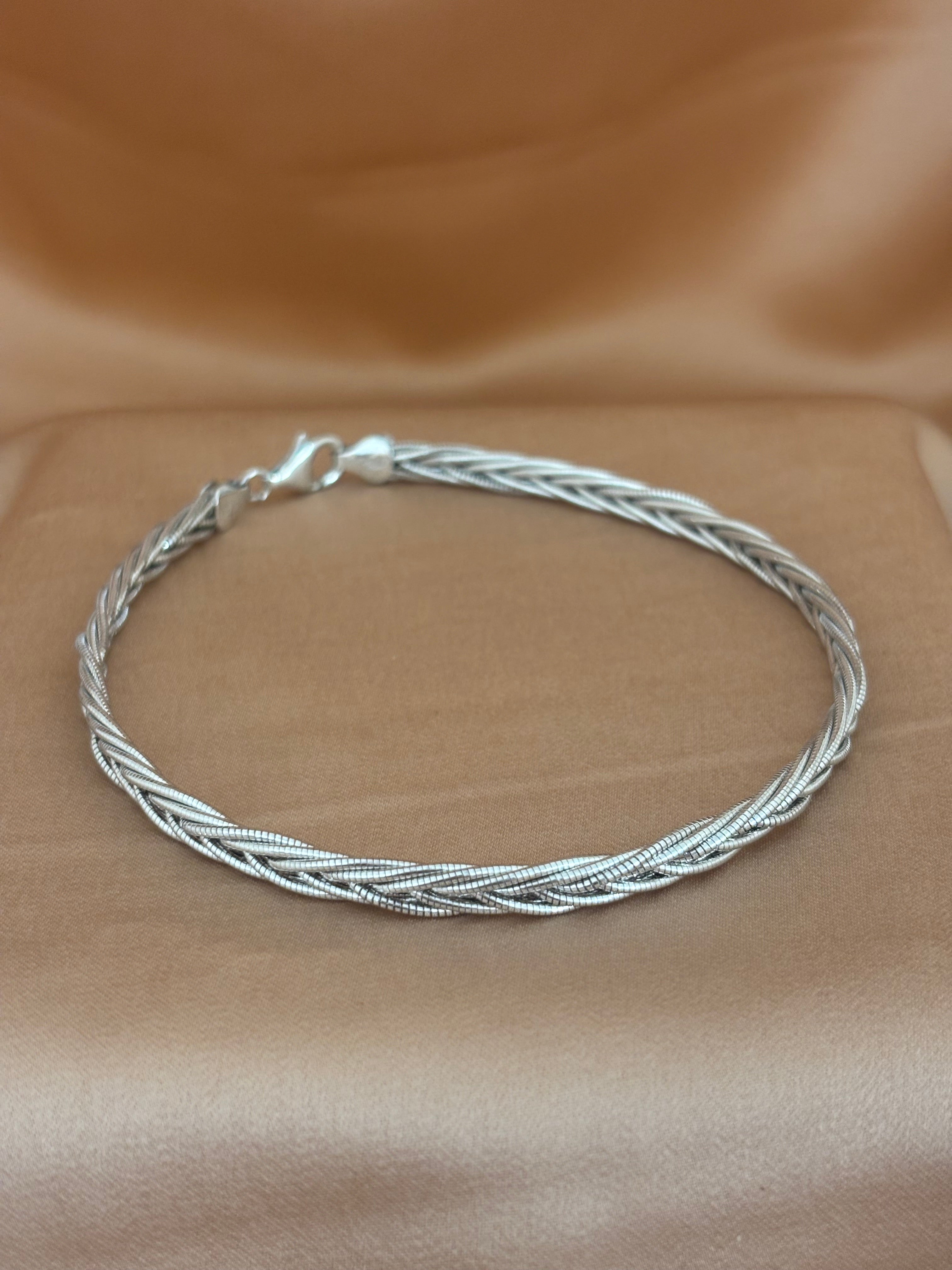 Intricate Braided Silver Herringbone Anklet