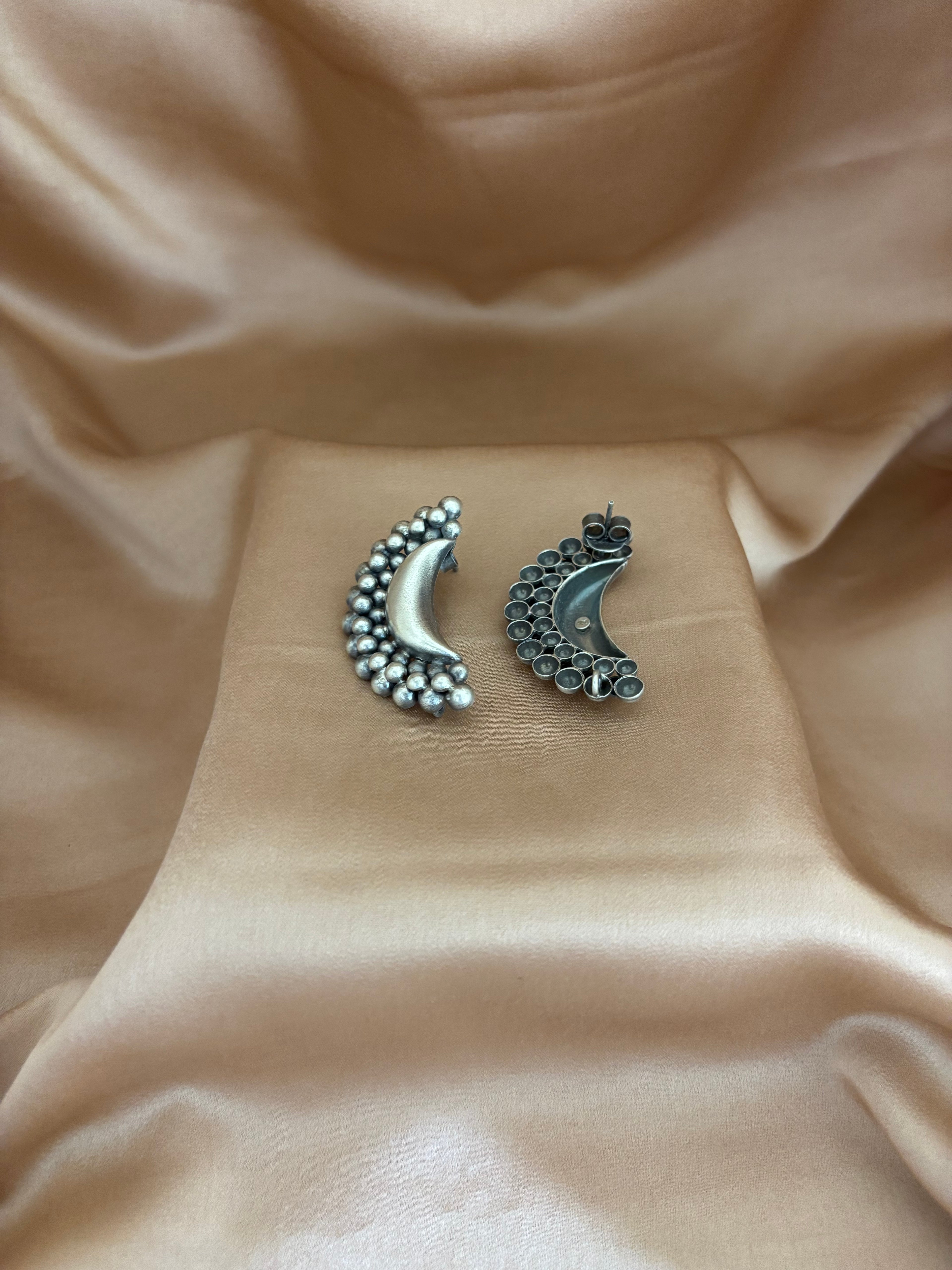 Moon and Silver Bead Stud Earrings