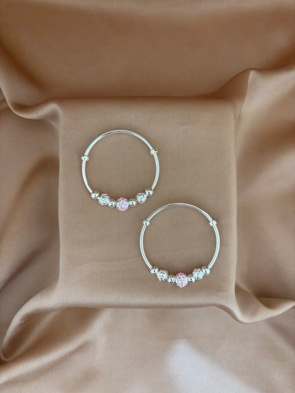 Pink Blossom Beaded Silver Kadli Set