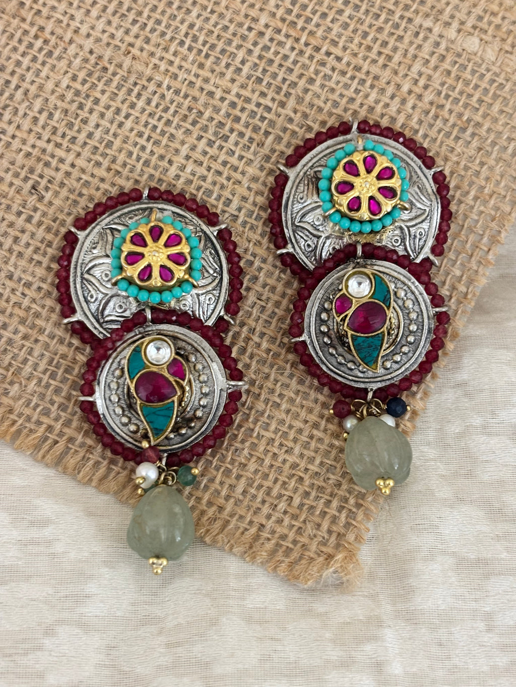 Teal Mosaic & Ruby Bead Medallion Earrings