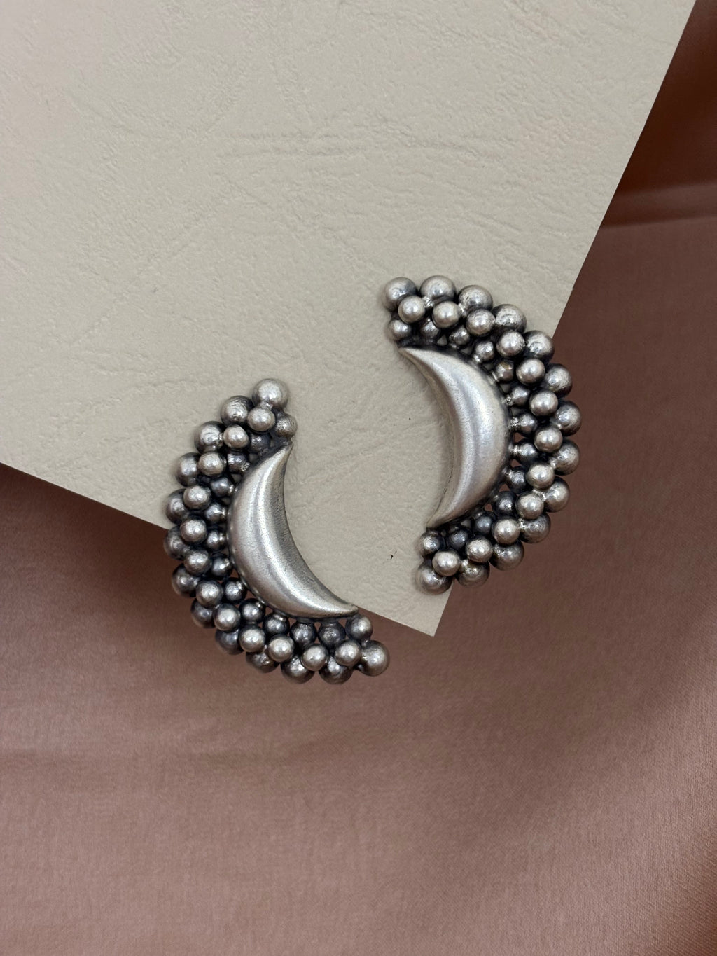 Moon and Silver Bead Stud Earrings