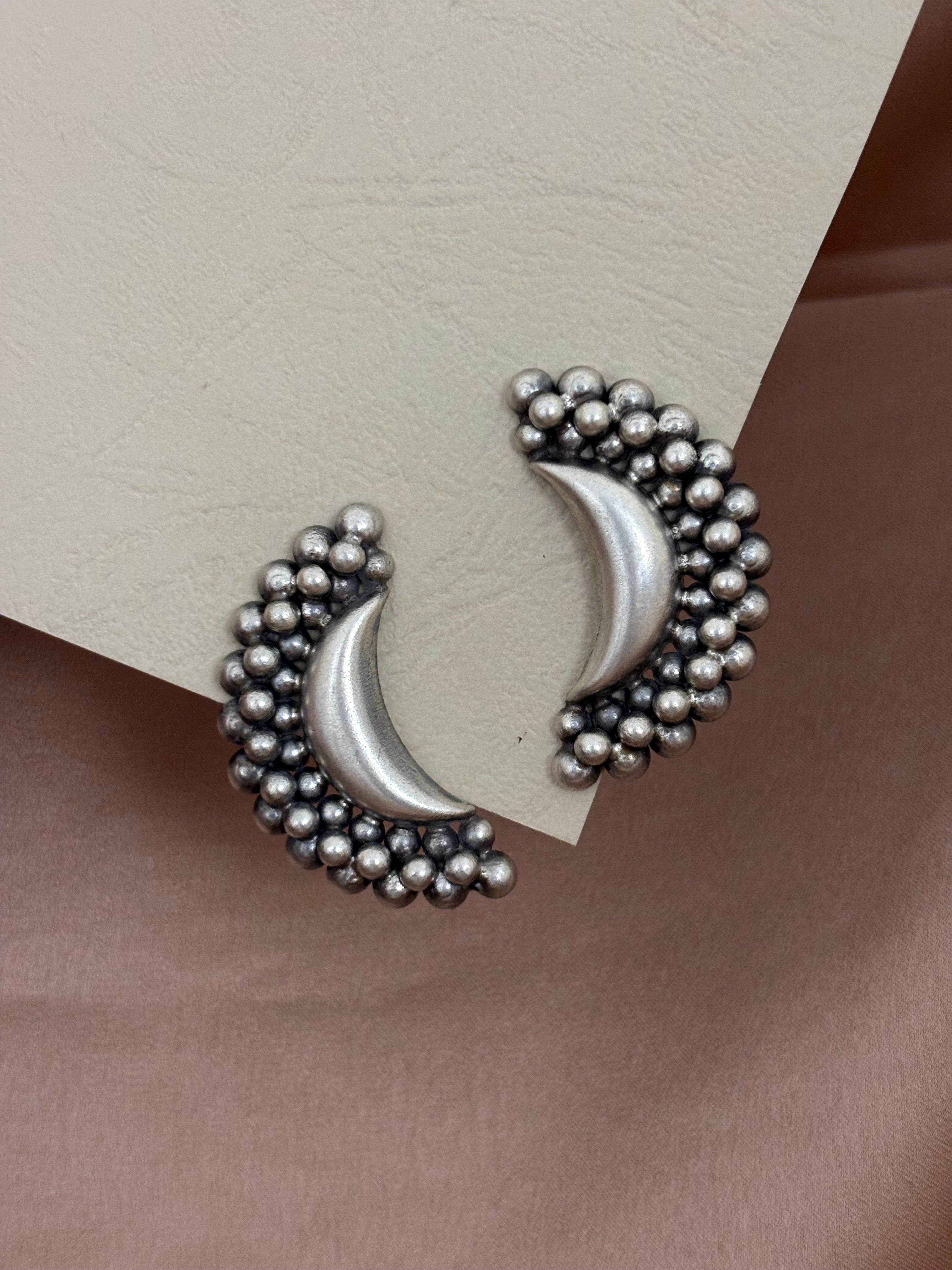 Moon and Silver Bead Stud Earrings
