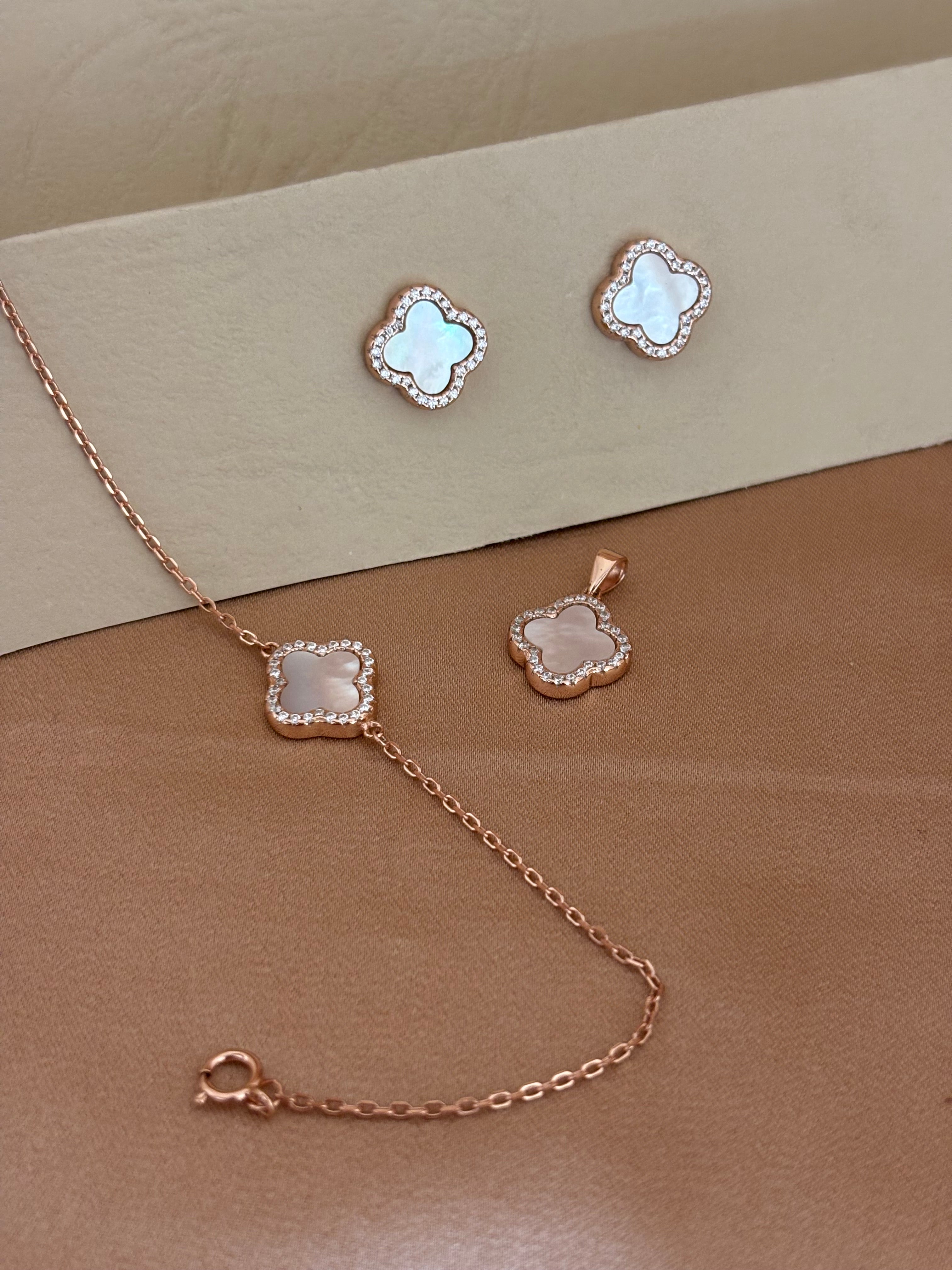 Rose Gold Clover Mother of Pearl & Zirconia Pendant Set