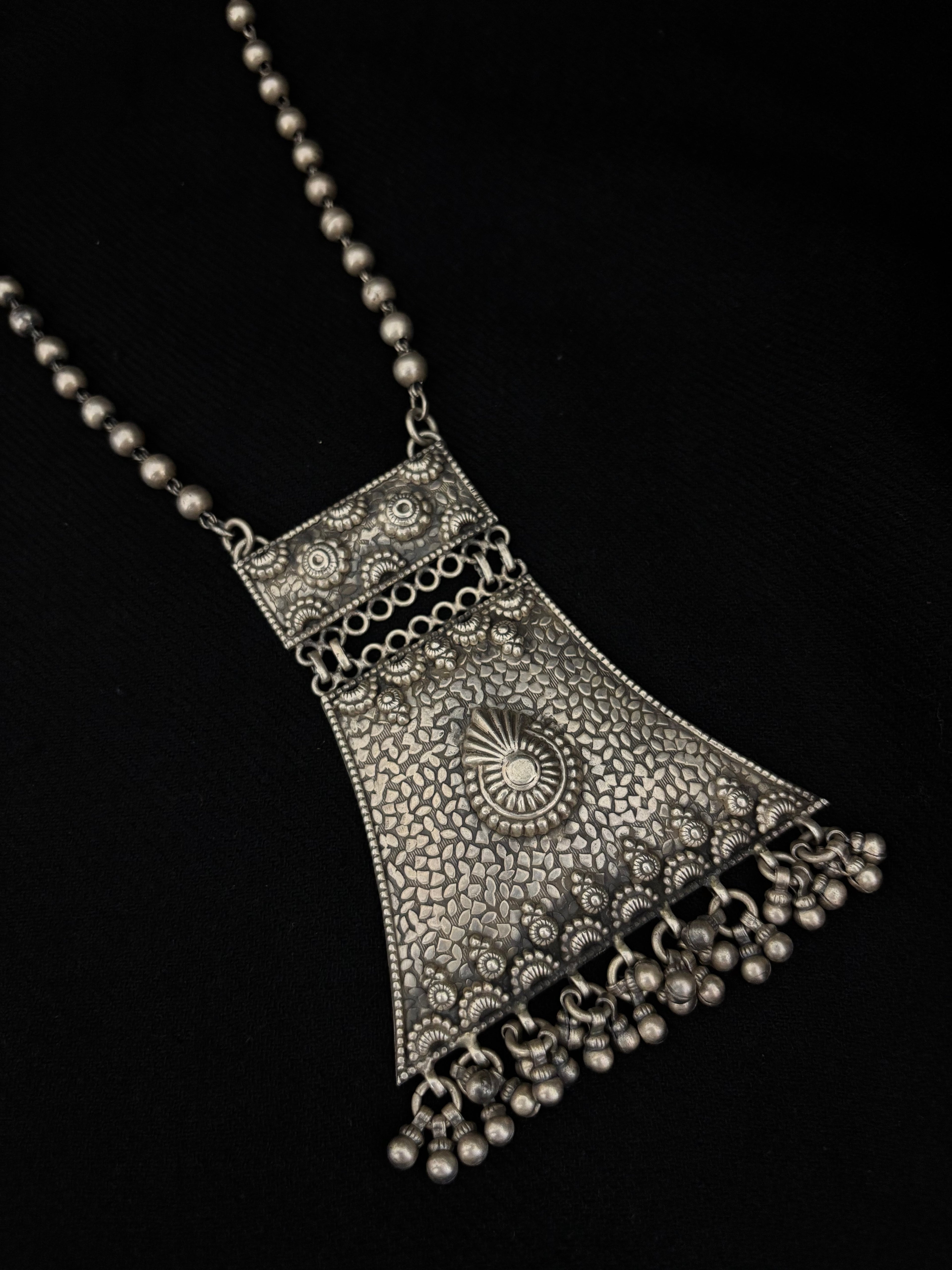 Antique Silver Textured Long Pendant Necklace