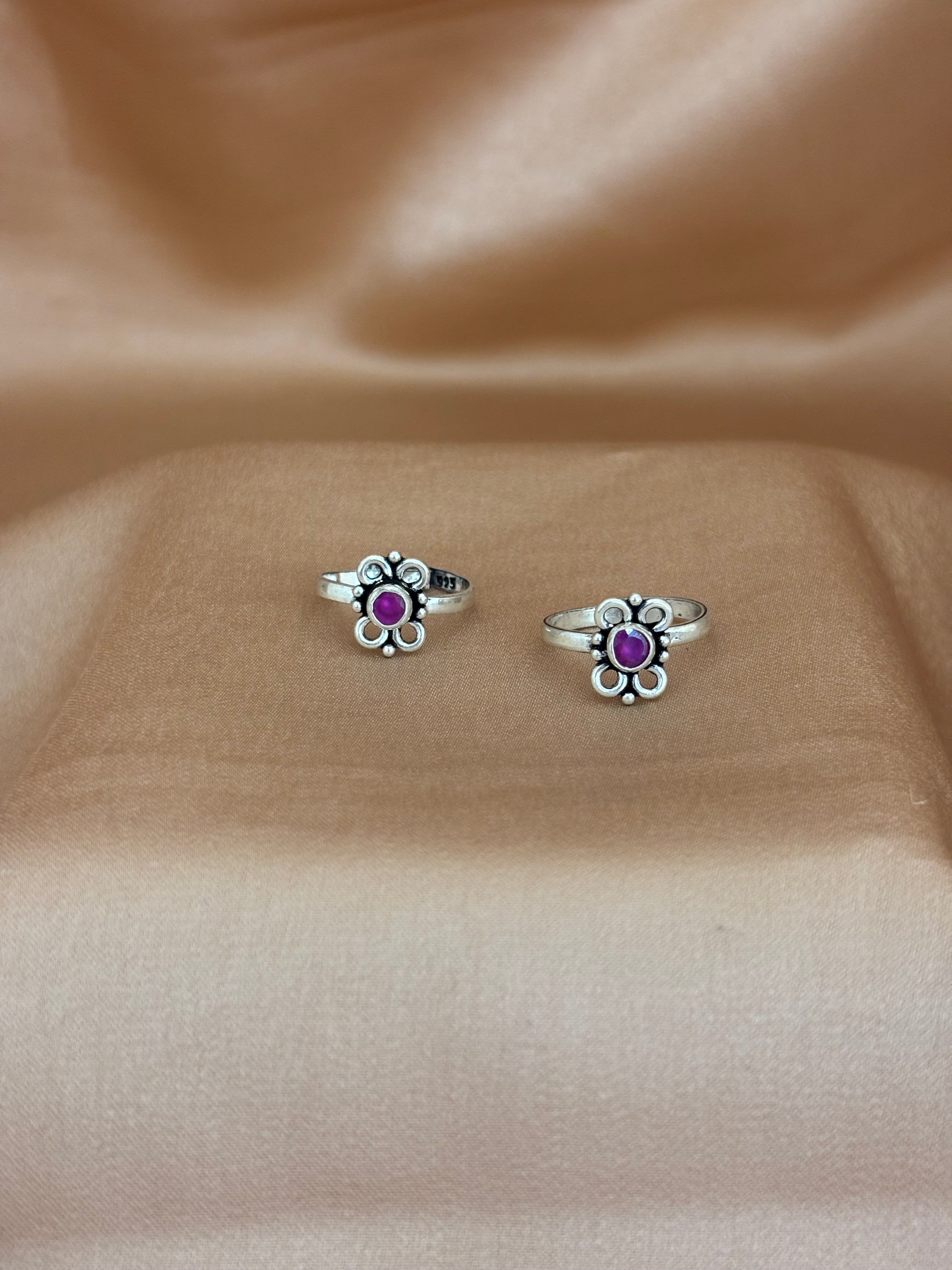 Floral Charm Magenta Stone Silver Toe Rings