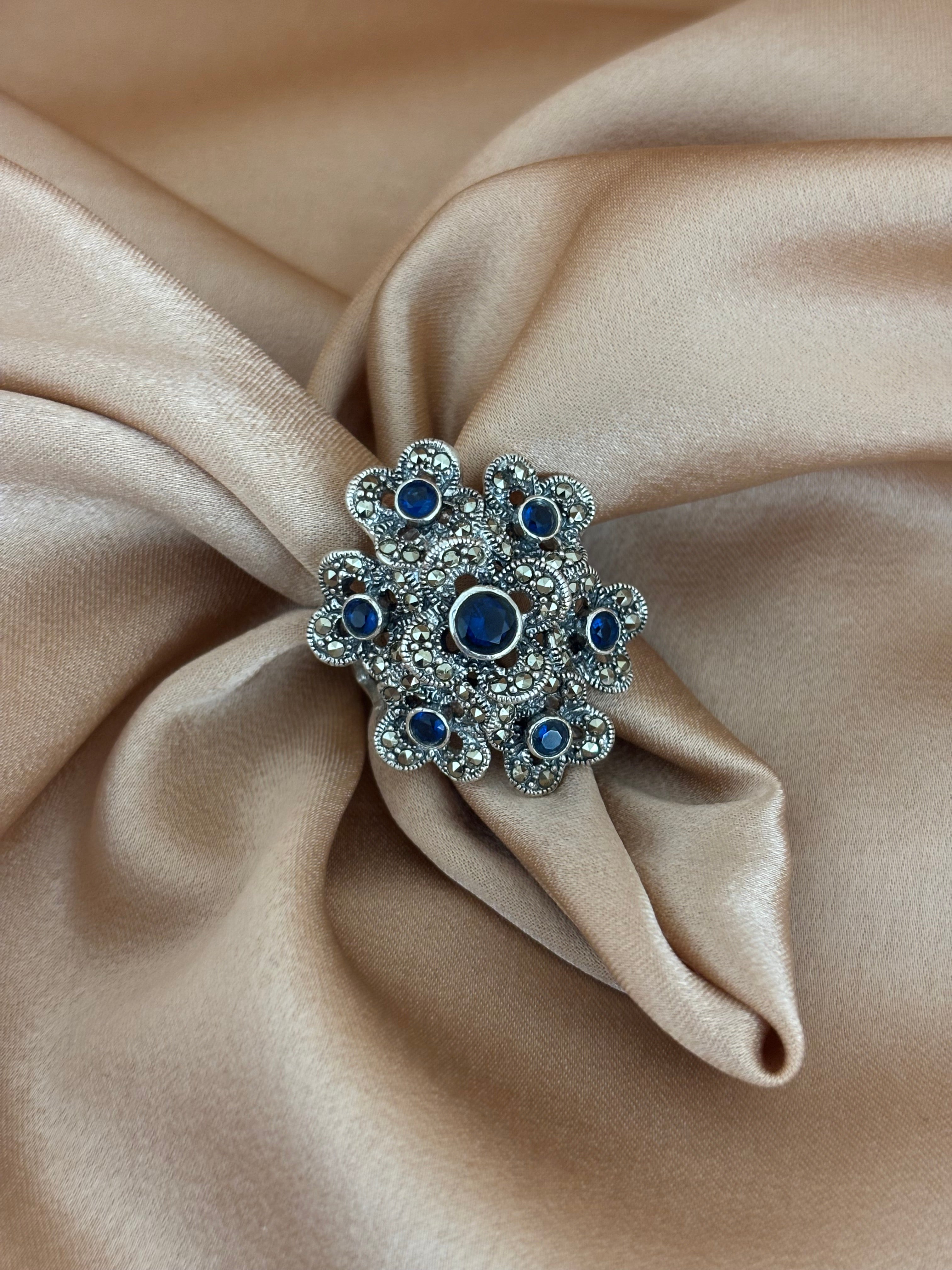 Vintage Marcasite & Sapphire Blue Floral Statement Ring