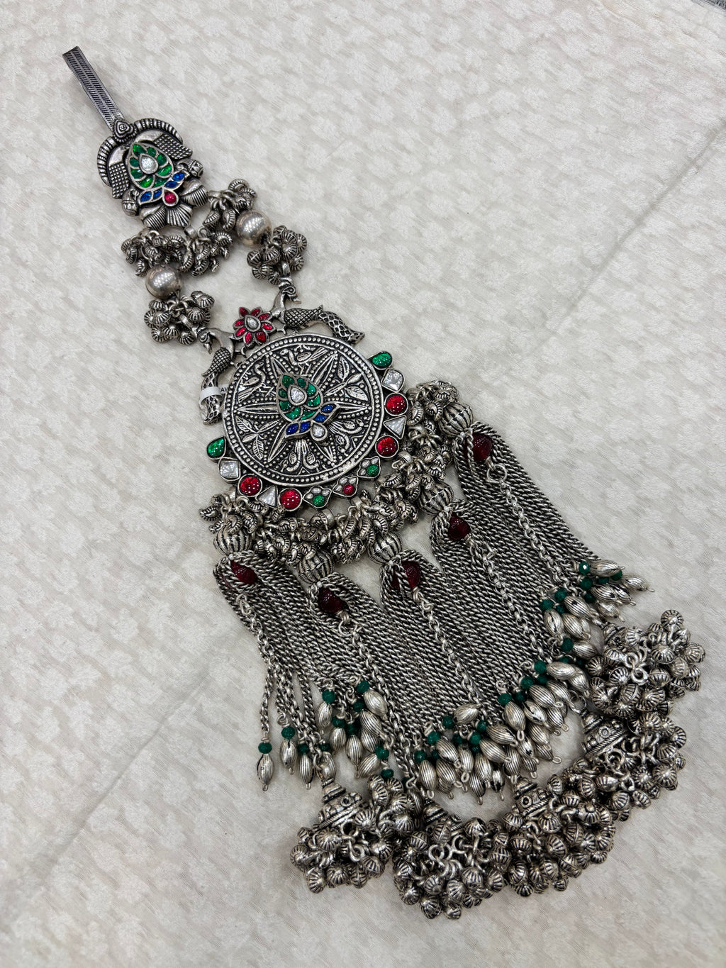Tribal Style Silver Geometric Engraved Juda with Multi-Chain Tassels