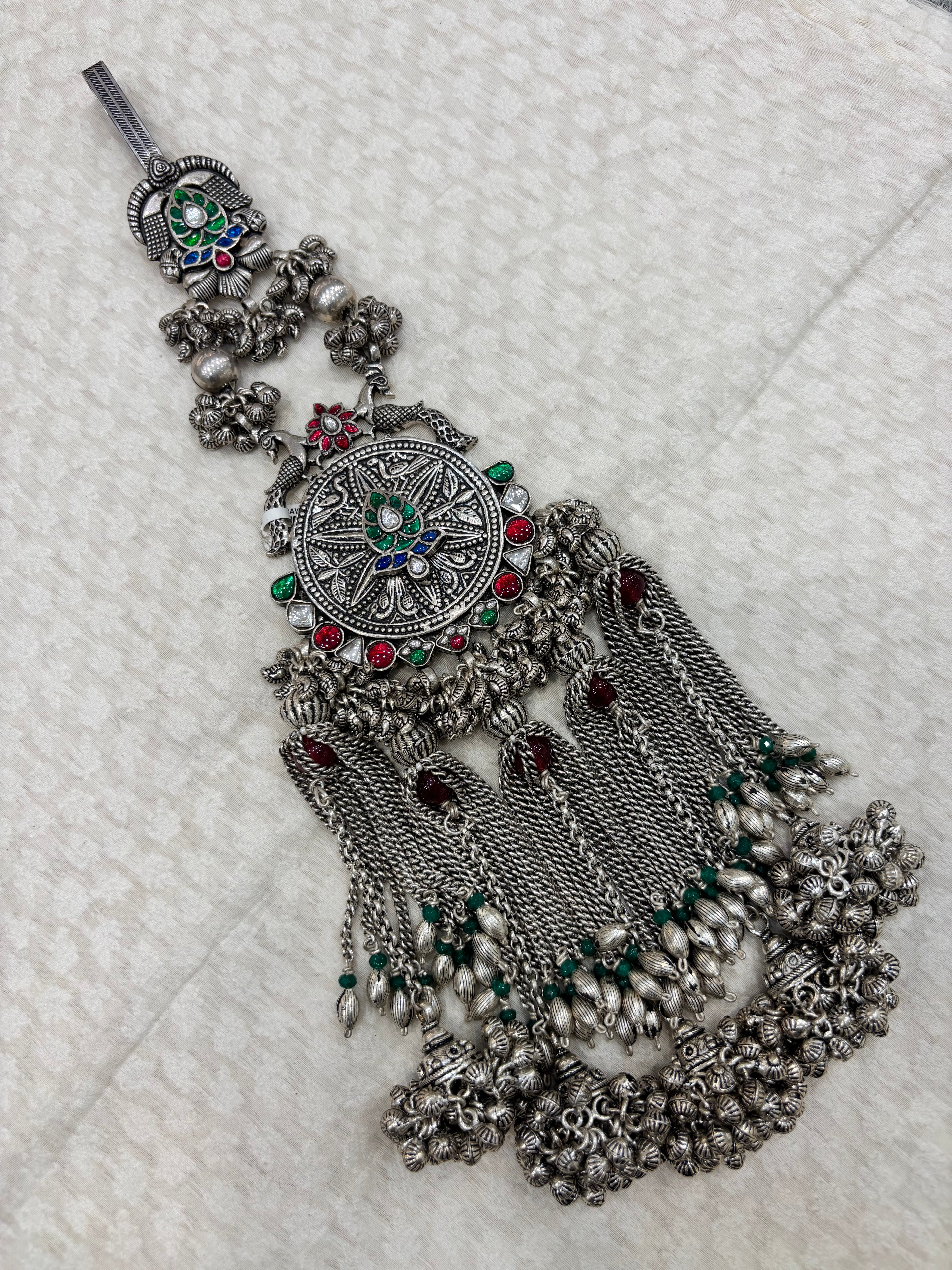 Tribal Style Silver Geometric Engraved Juda with Multi-Chain Tassels