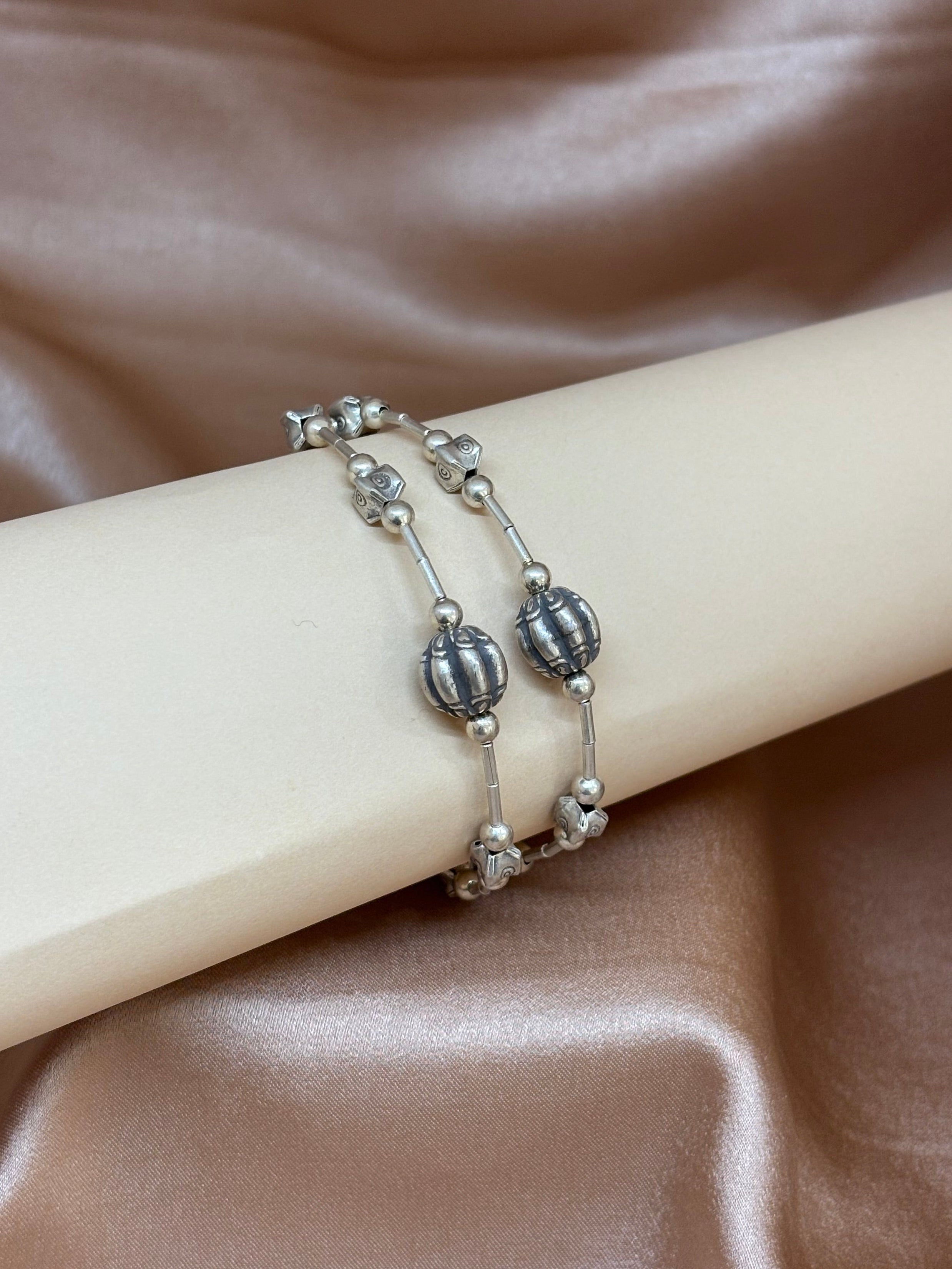 Oxidized Silver Double-Strand Bracelet with Etched Beads