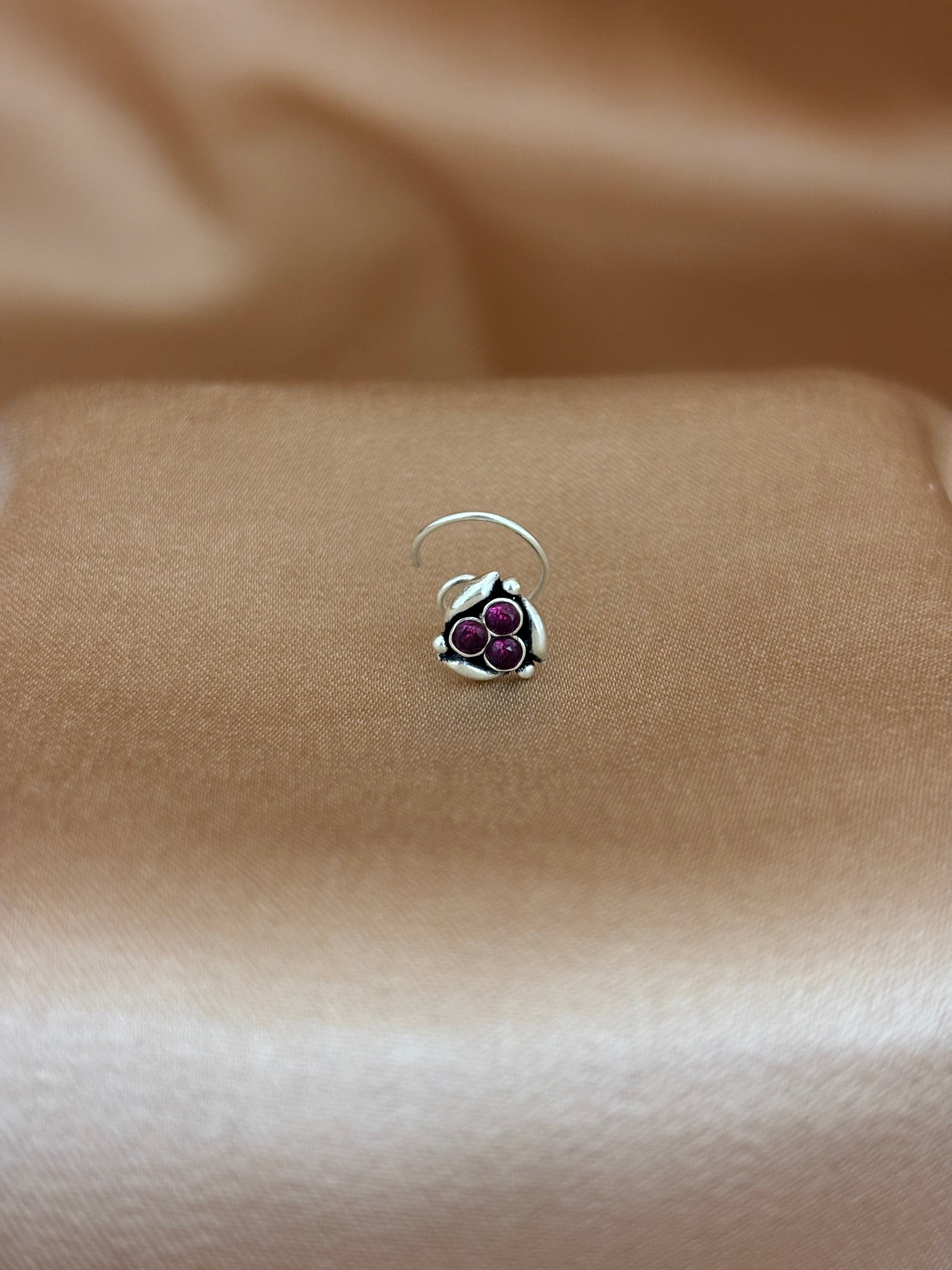 Triple Ruby Oxidized Silver Nose Pin