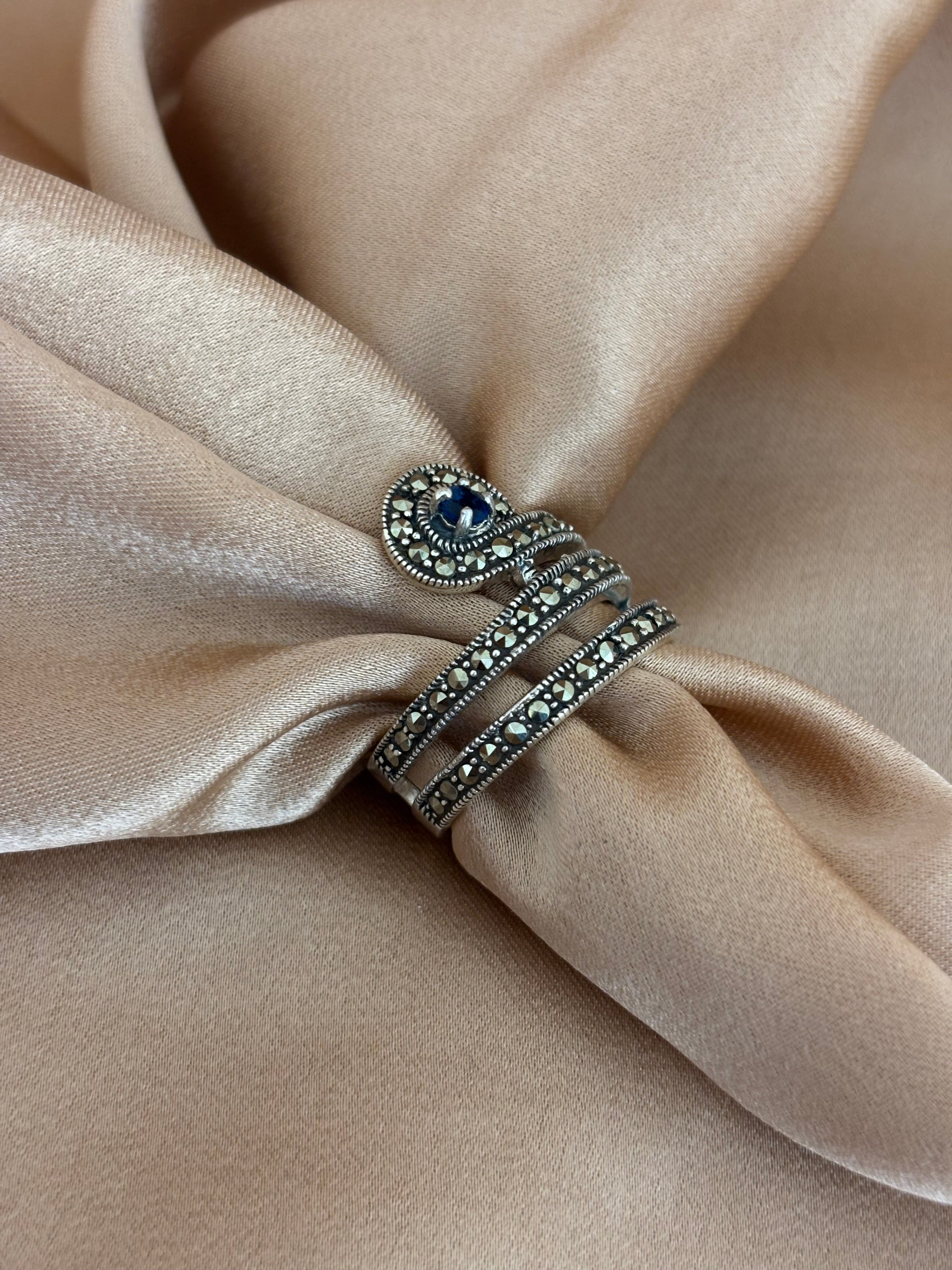 Sapphire Blue Marcasite Wrap Ring