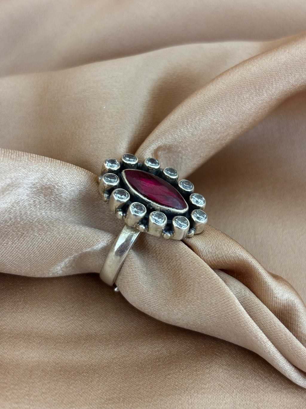 Ruby Red Marquise Halo Ring in Oxidized Silver