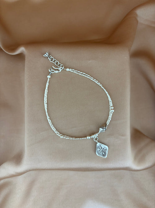 Dainty Double-Layer Silver Anklet with Floral Shield Charm