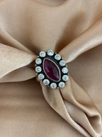 Ruby Red Marquise Halo Ring in Oxidized Silver