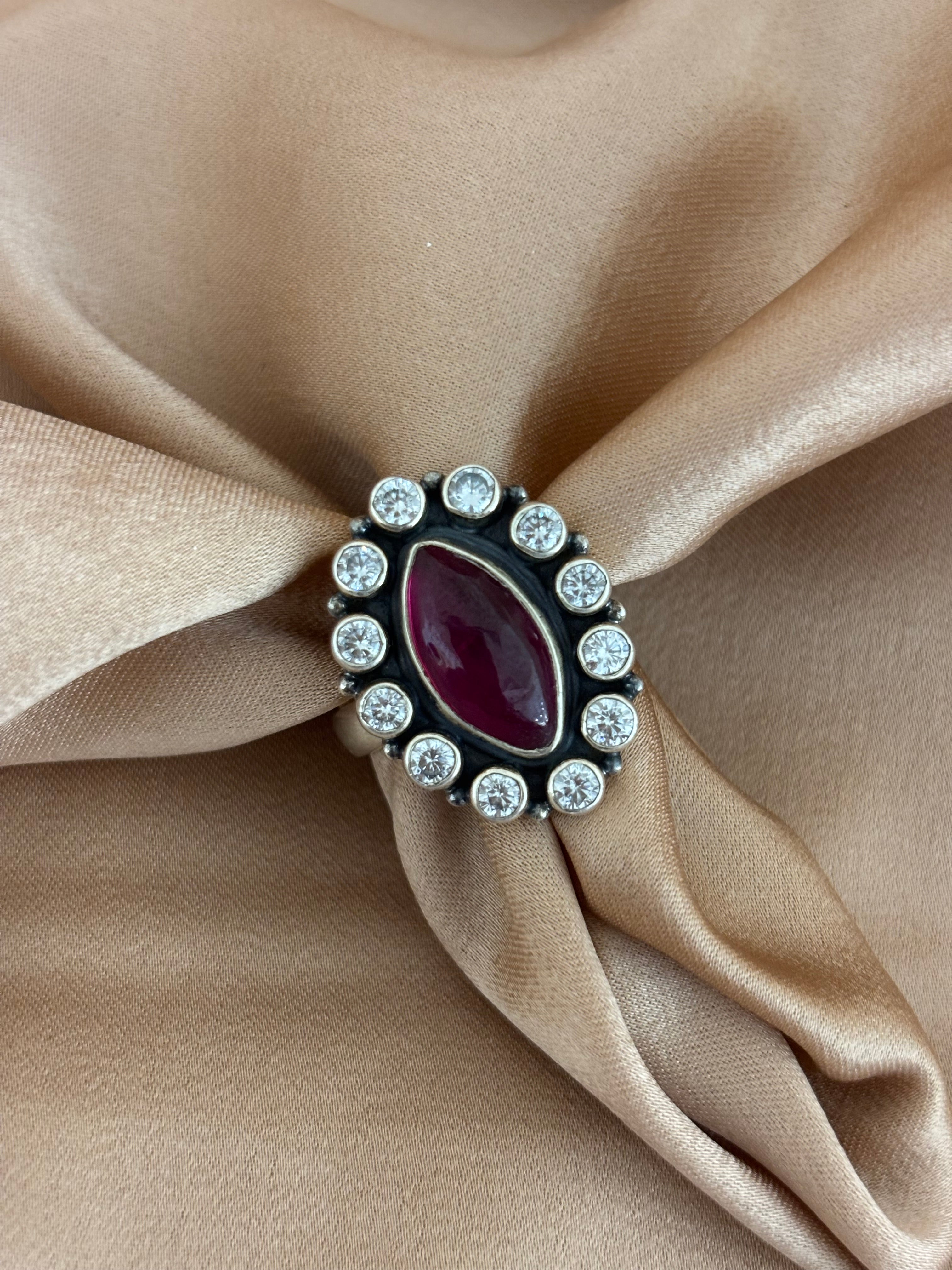 Ruby Red Marquise Halo Ring in Oxidized Silver