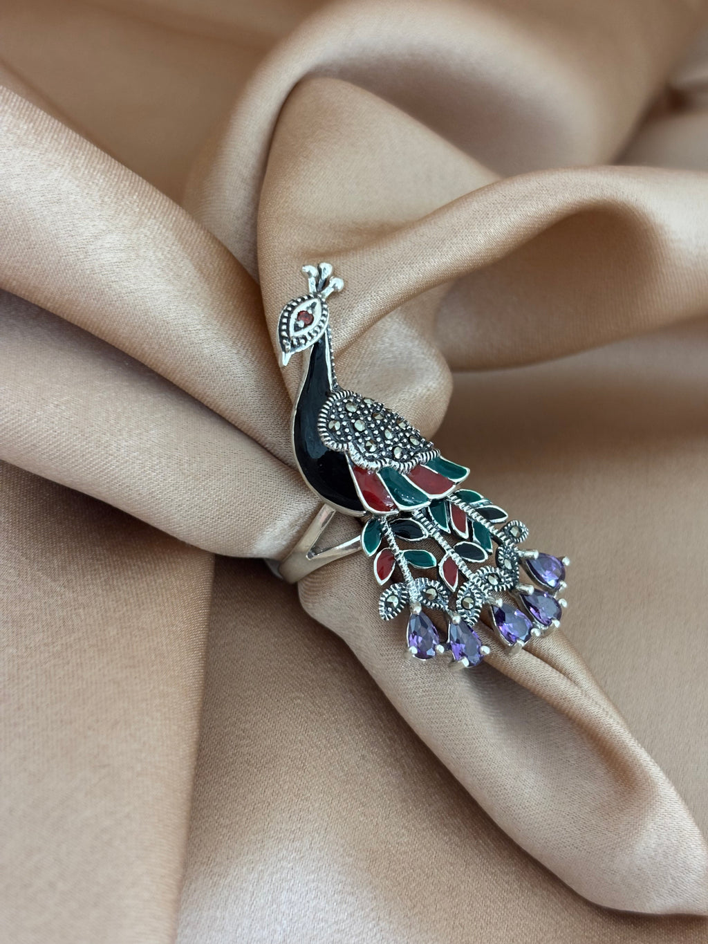 Royal Amethyst Peacock Enamel Ring