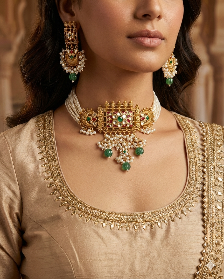 Antique Peacock & Kundan Pearl Heritage Choker