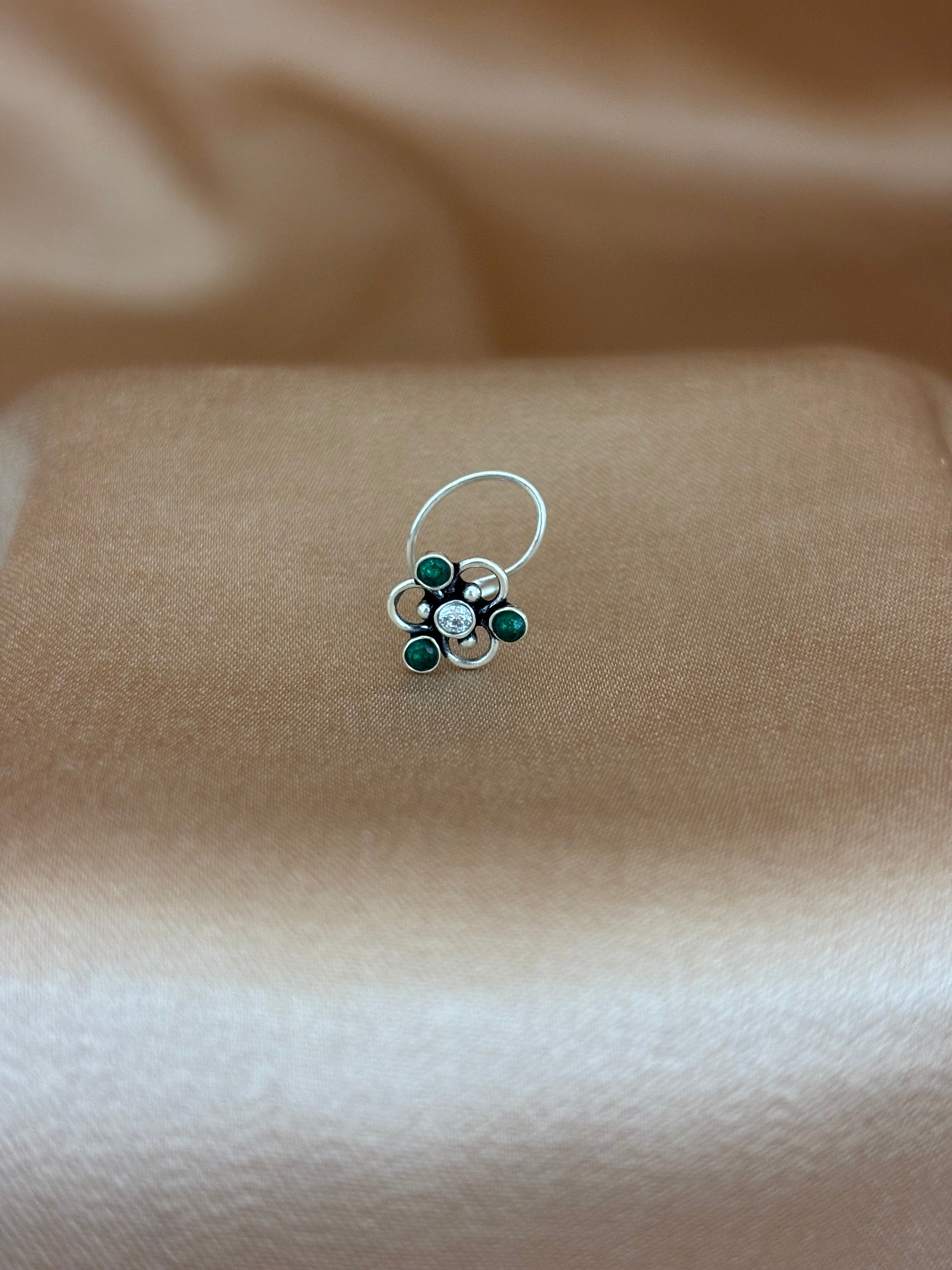 Emerald Bloom Silver Nose Pin with Center Zircon