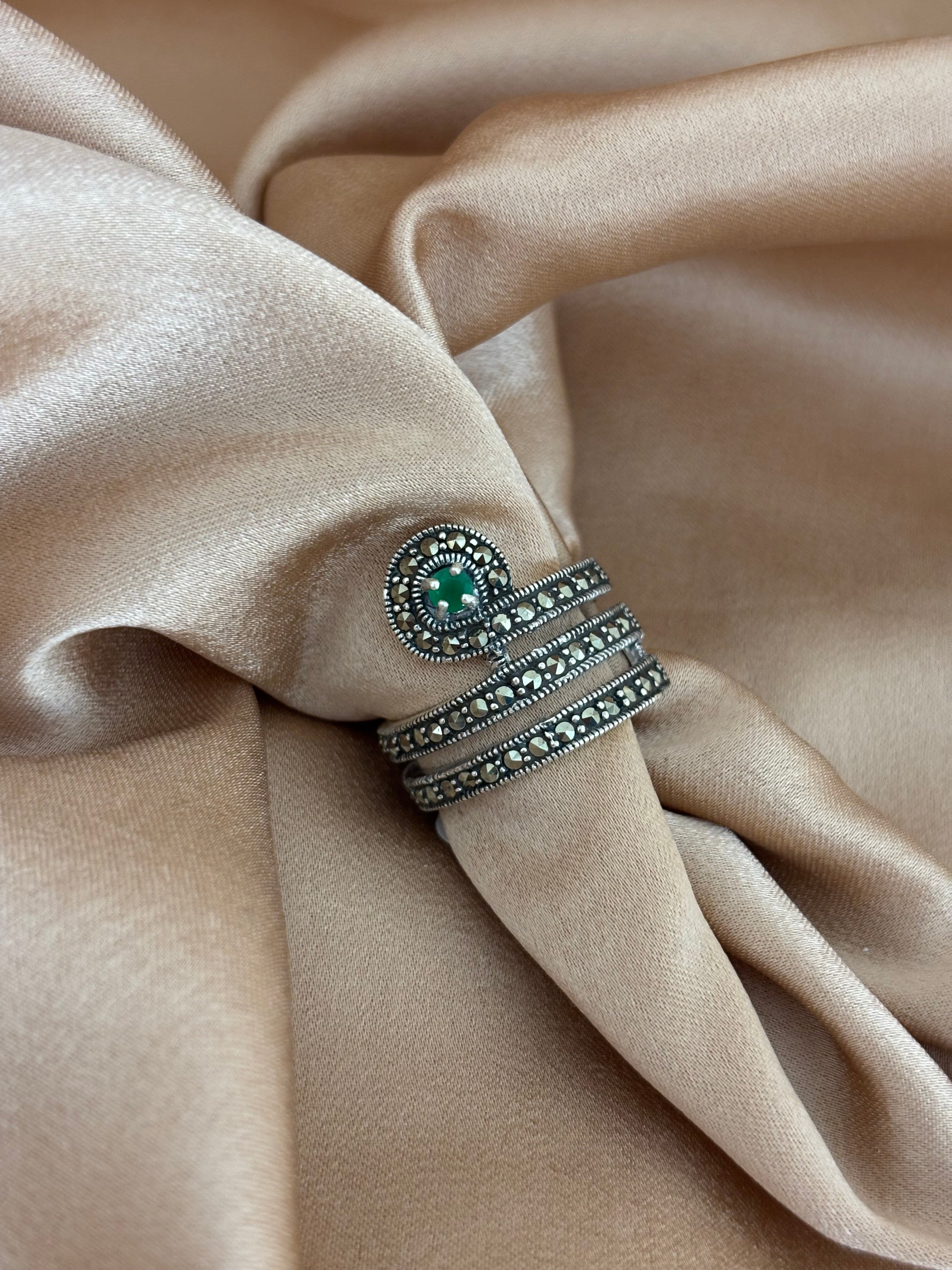 Emerald Green Marcasite Wrap Ring