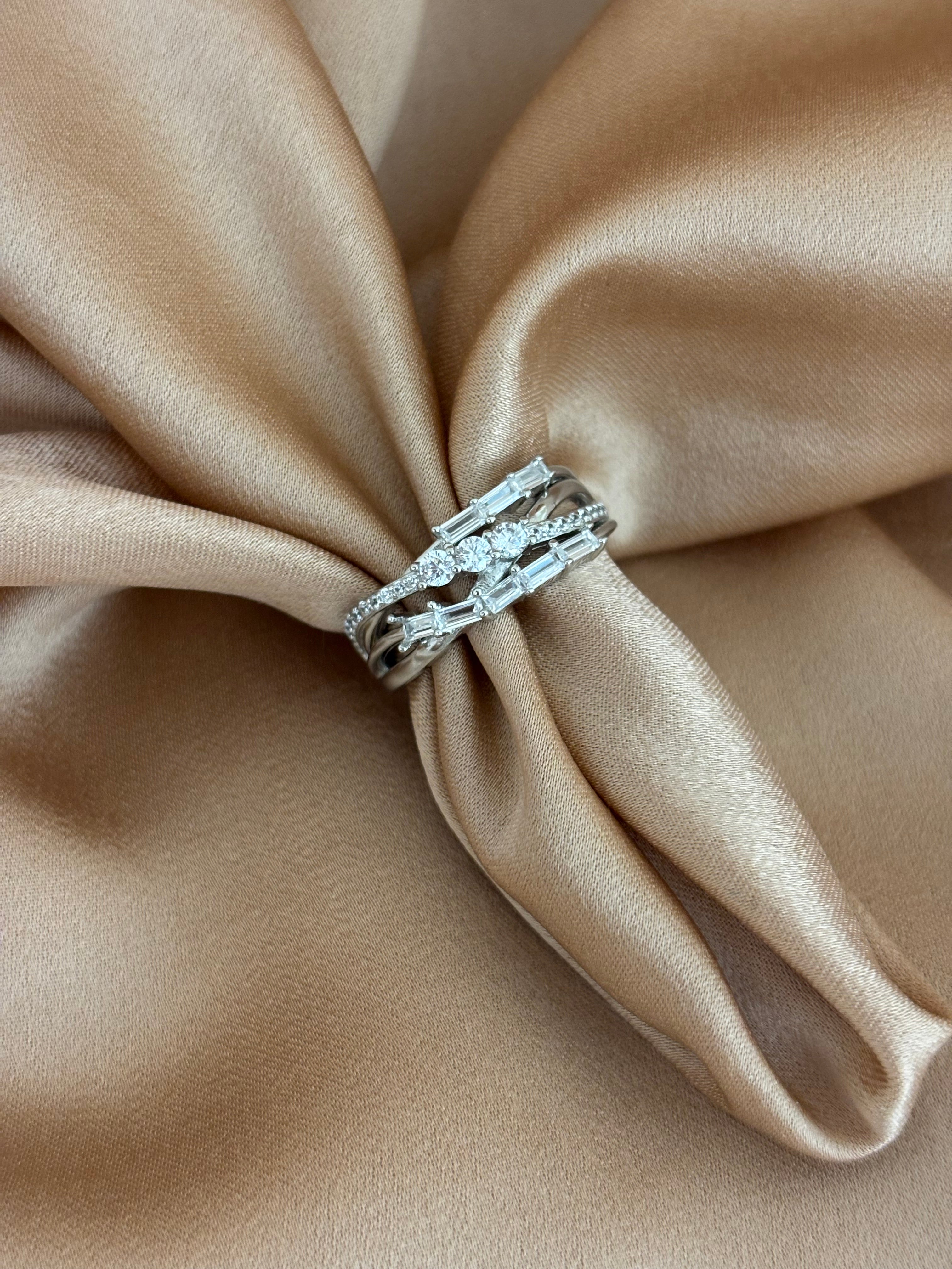 Baguette and Round-Cut Crisscross Statement Ring
