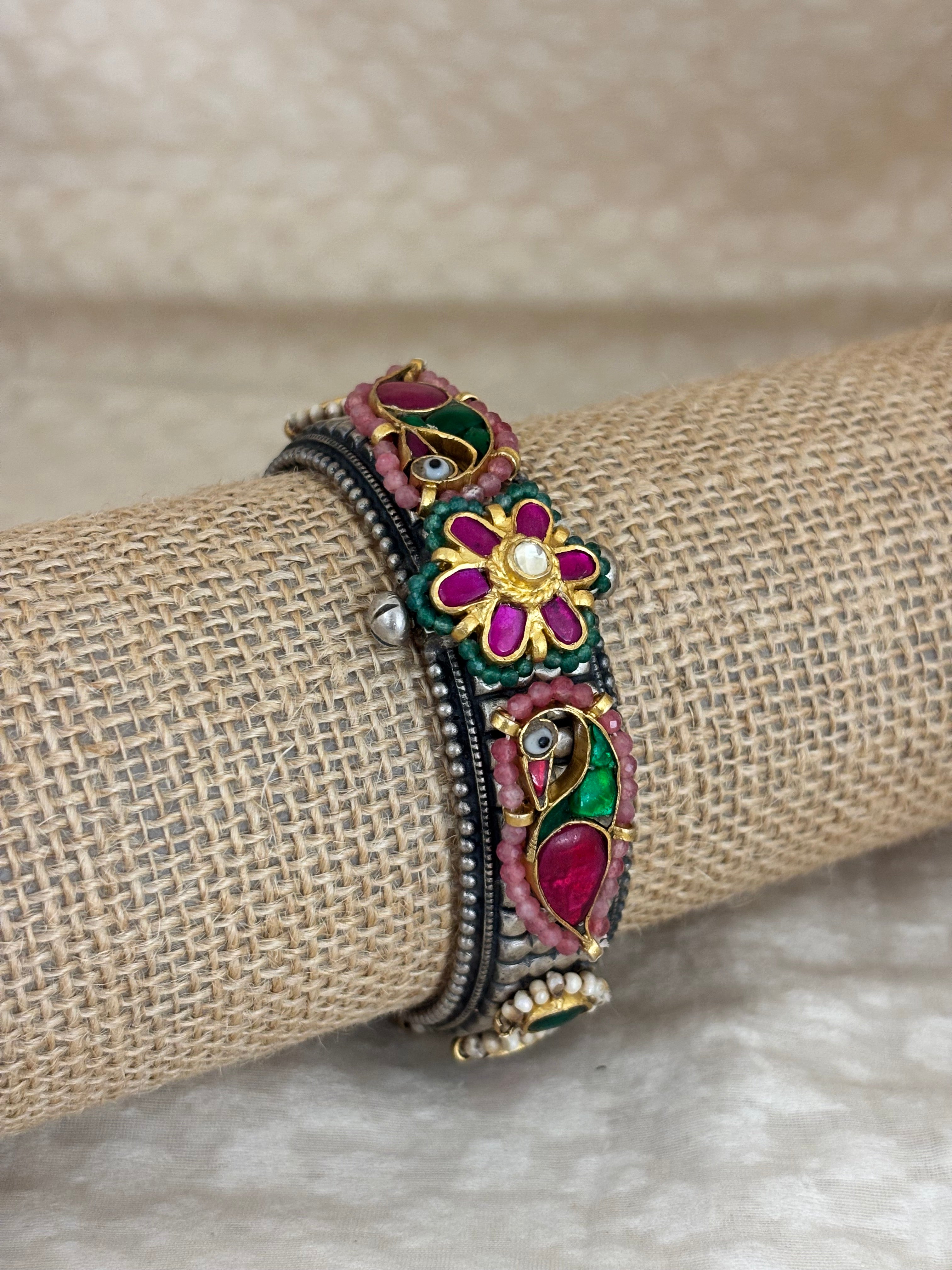 Vrinda Oxidized Silver Peacock & Floral Fusion Kada