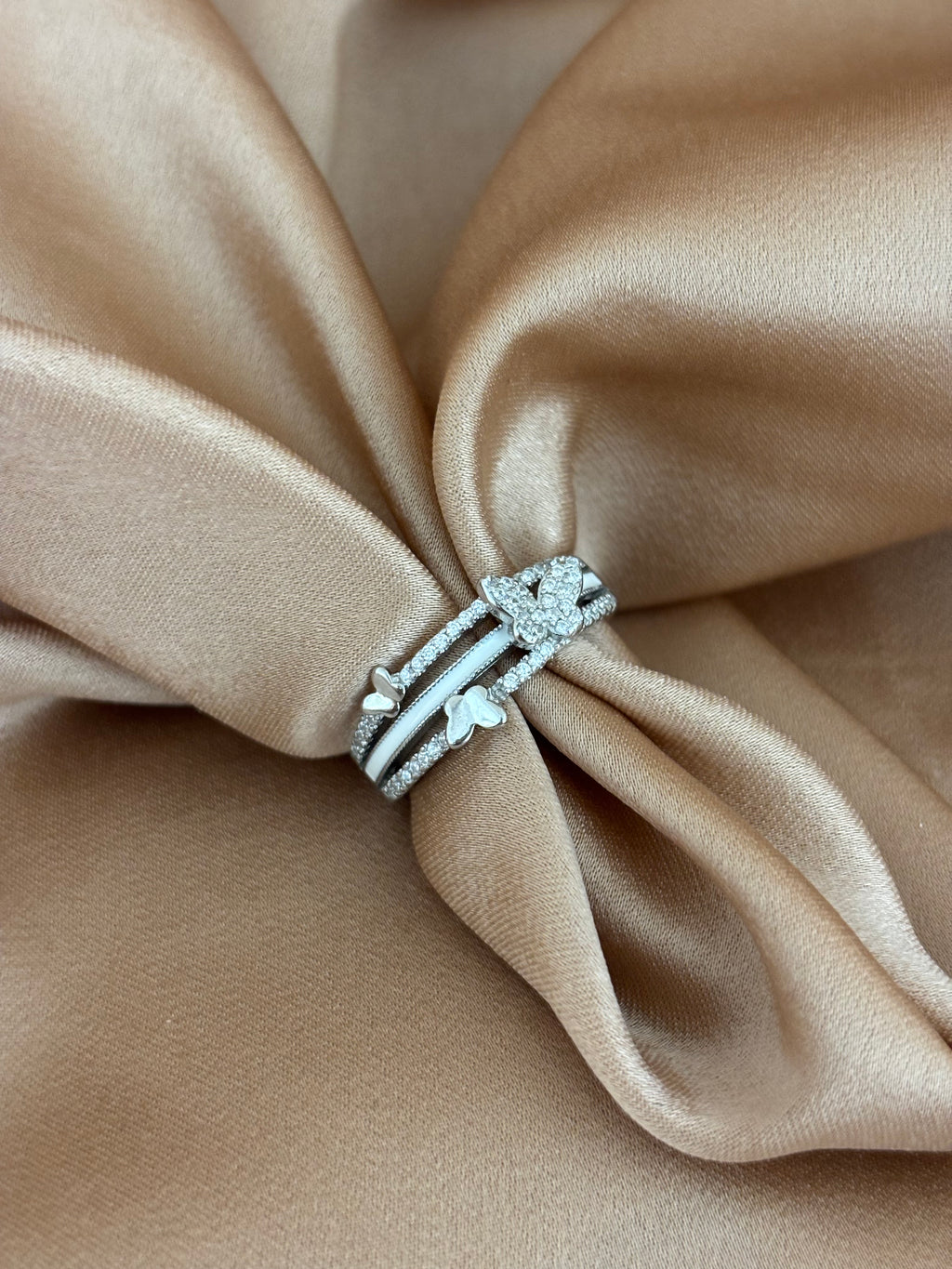 Triple Butterfly Enamel & Zirconia Multi-Layer Ring
