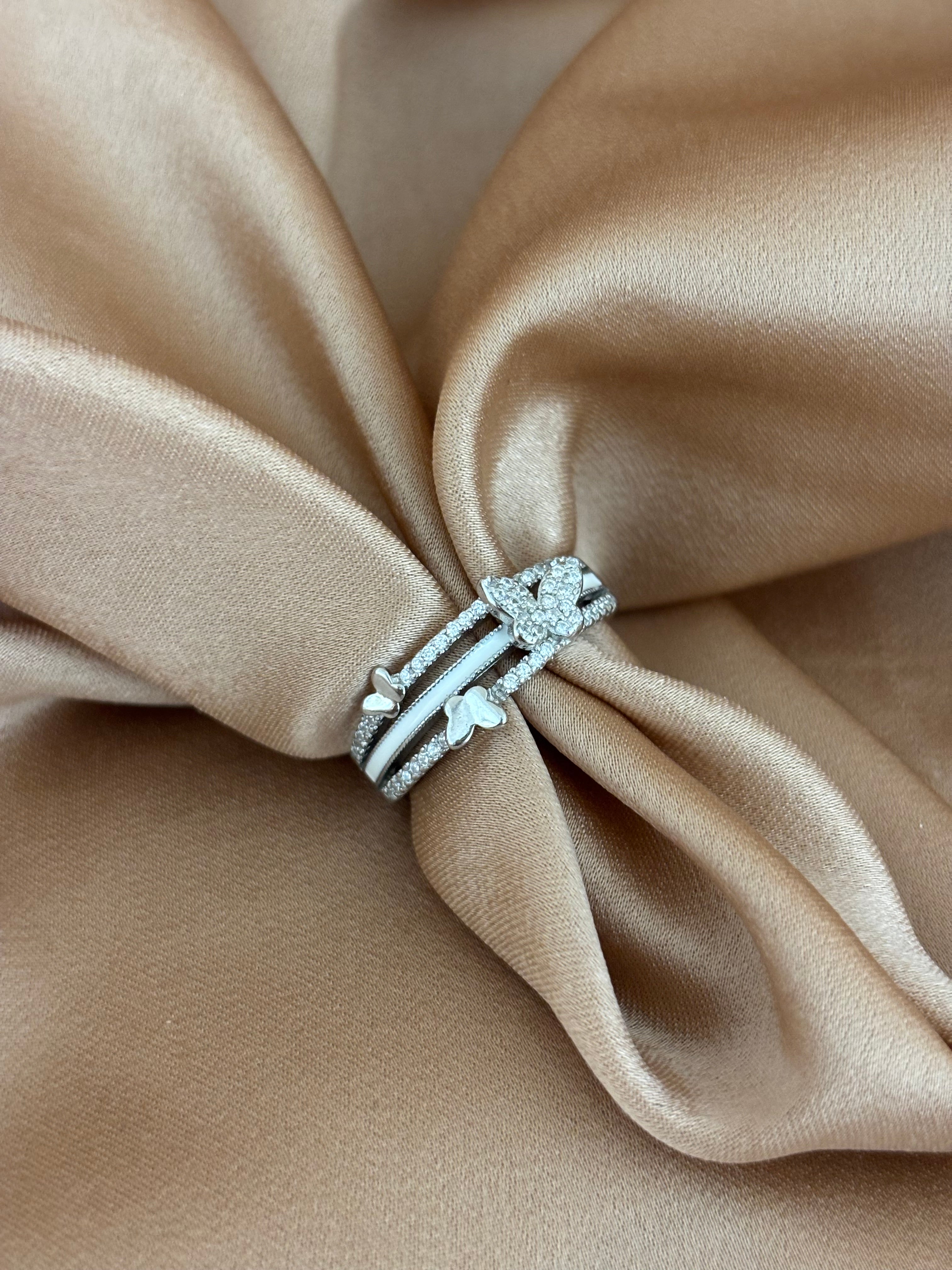 Triple Butterfly Enamel & Zirconia Multi-Layer Ring