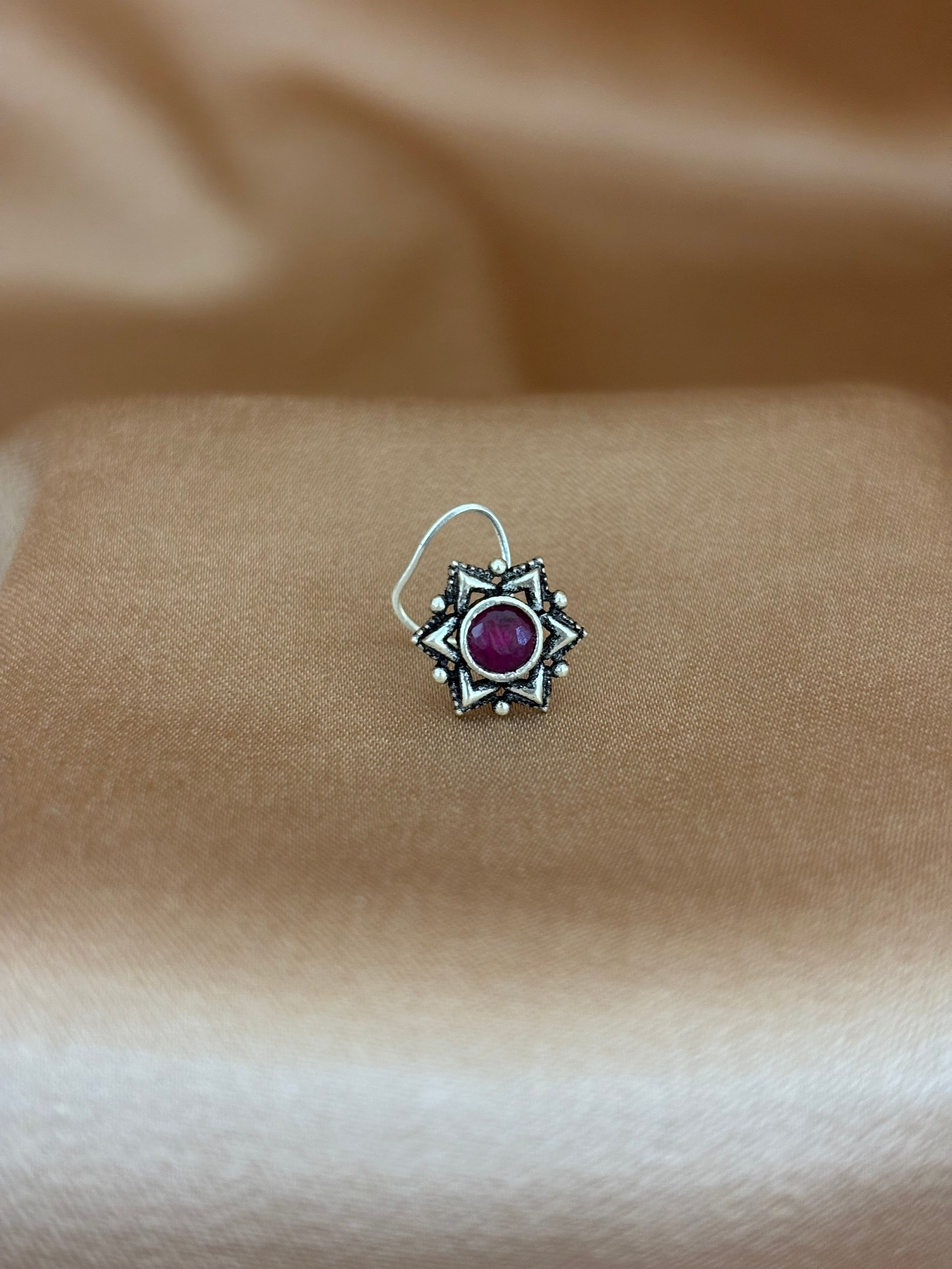 Maroon Star Oxidized Silver Nose Pin