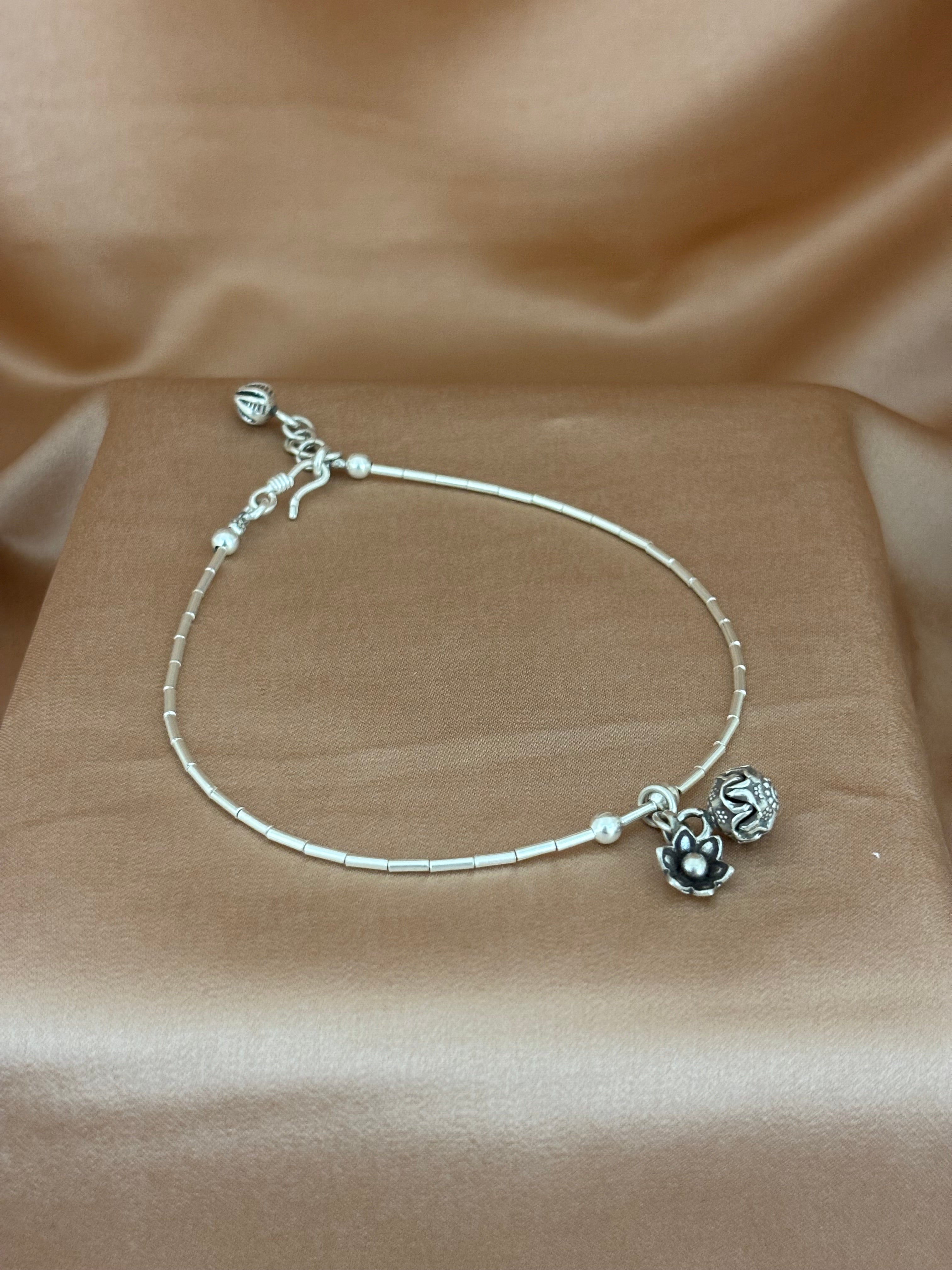 Floral Charm Silver Tube Anklet