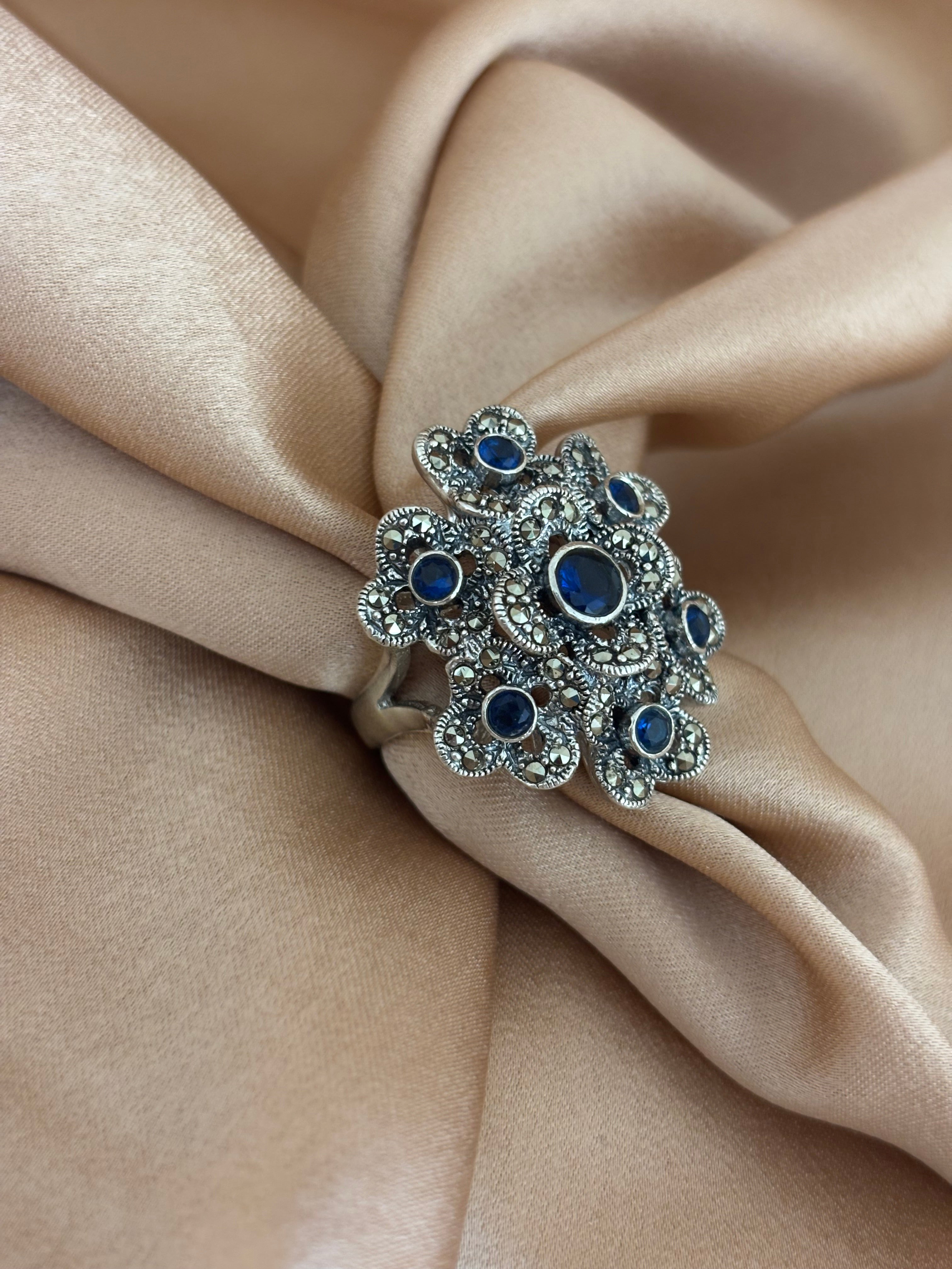Vintage Marcasite & Sapphire Blue Floral Statement Ring