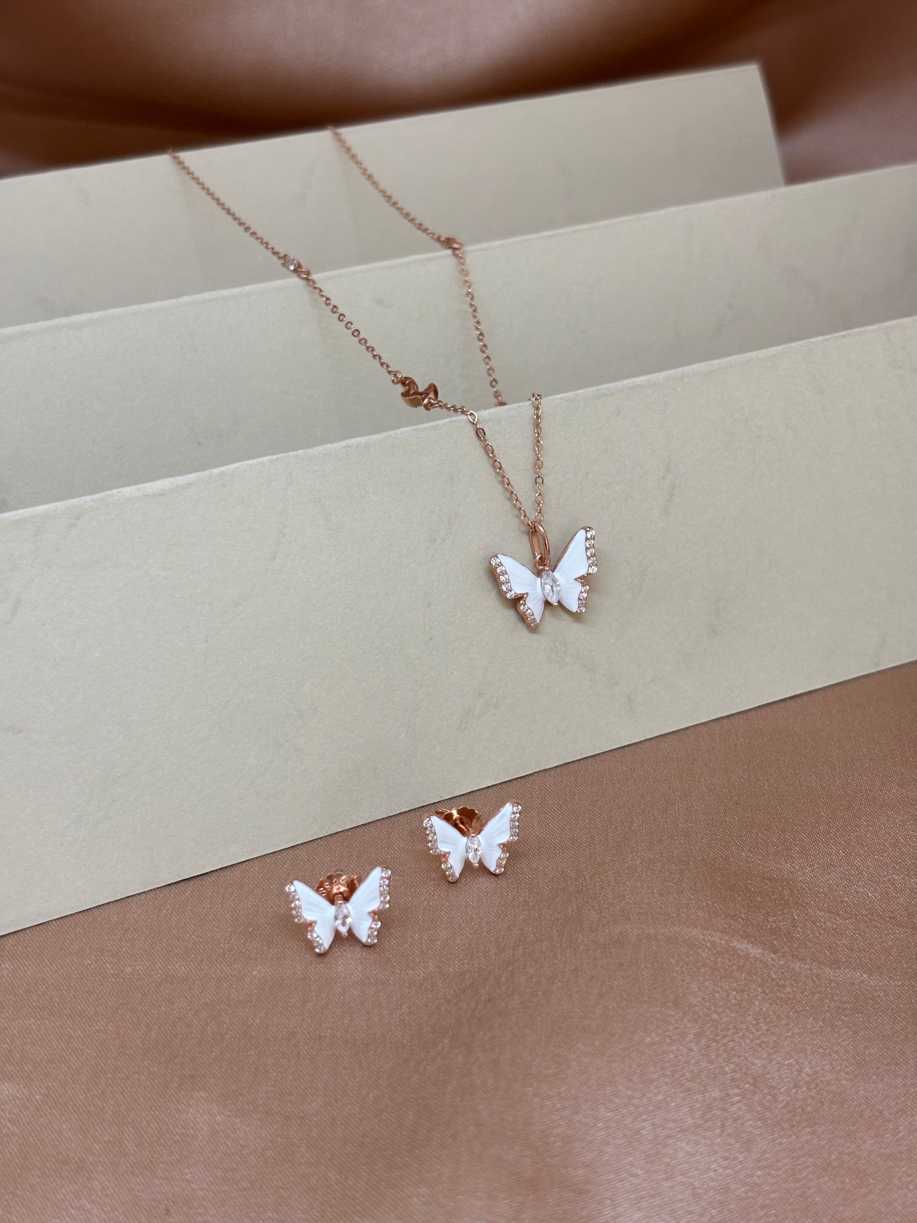 White Enamel Butterfly Wings Pendant and Earrings Set