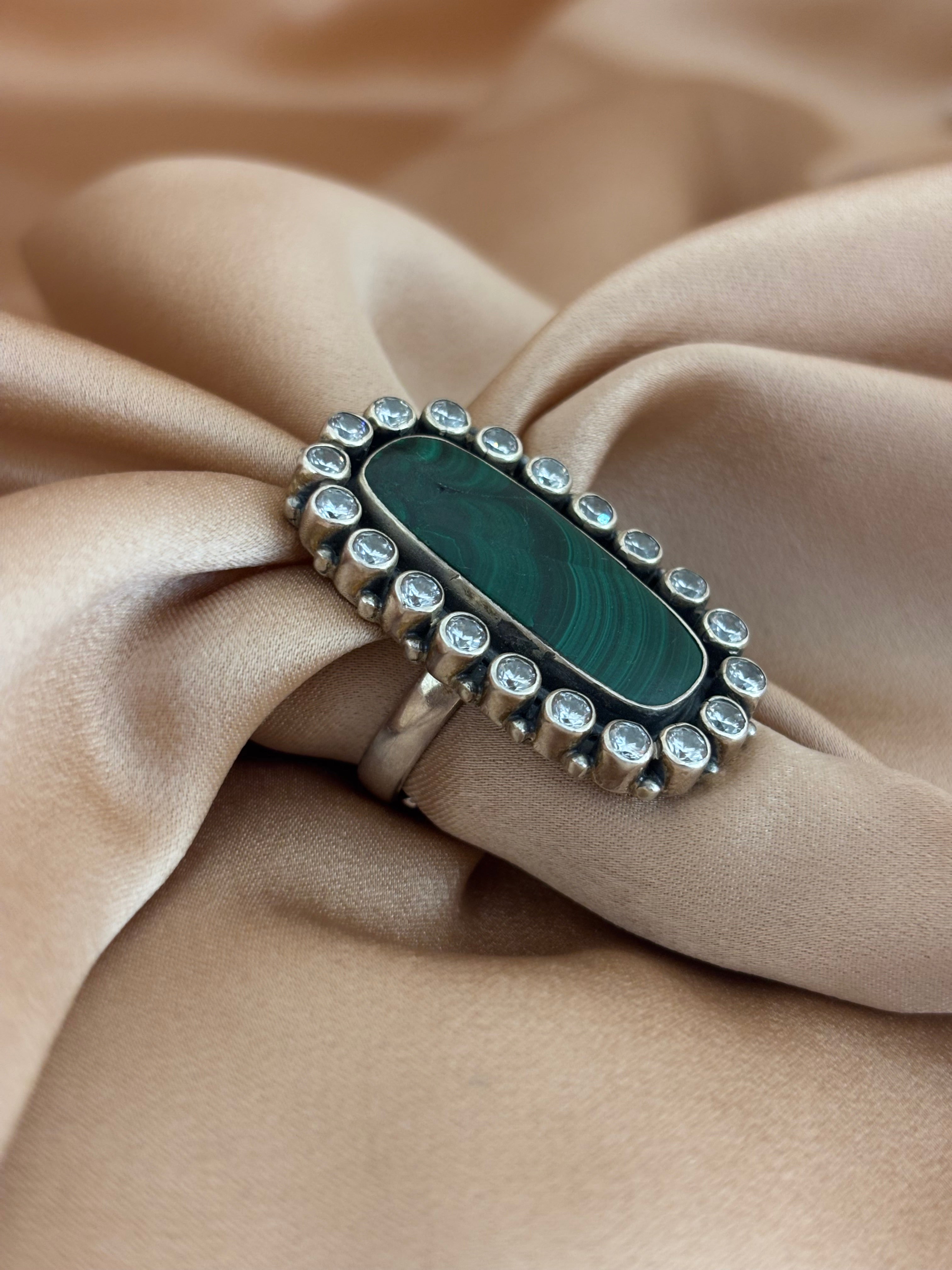 Oval Malachite Halo Statement Ring